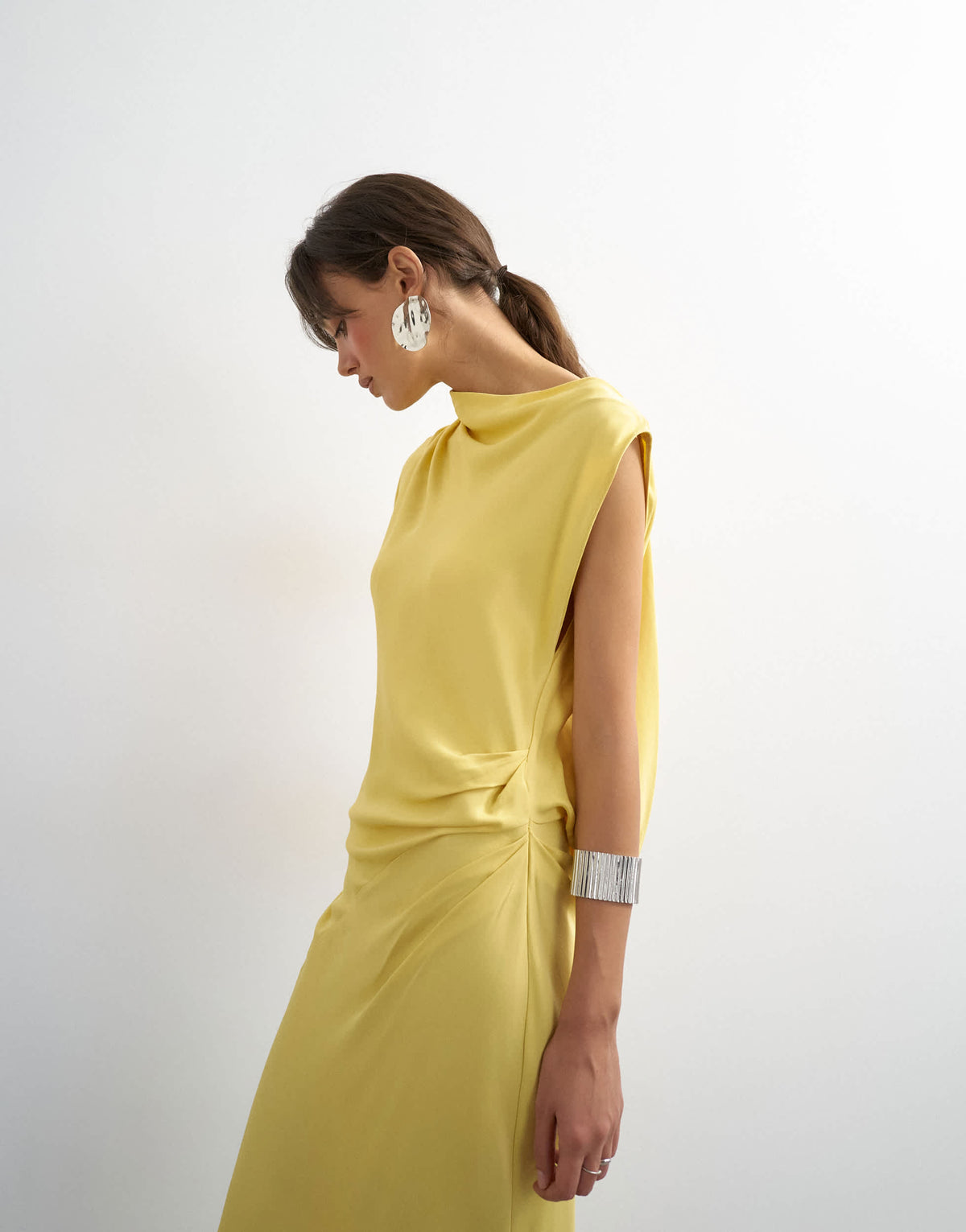 Topshop satin grown on neck tuck side maxi dress with open back in yellow