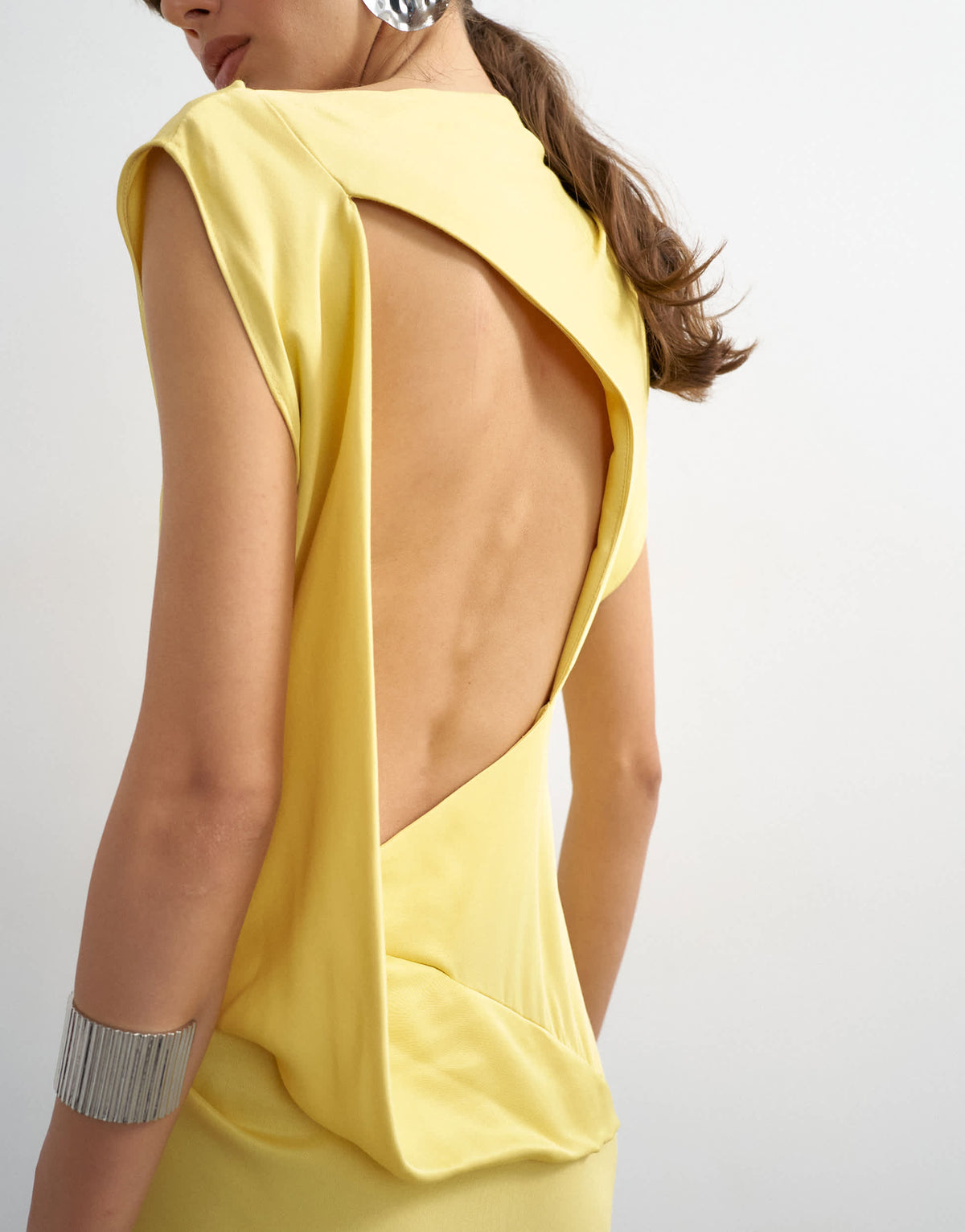 Topshop satin grown on neck tuck side maxi dress with open back in yellow