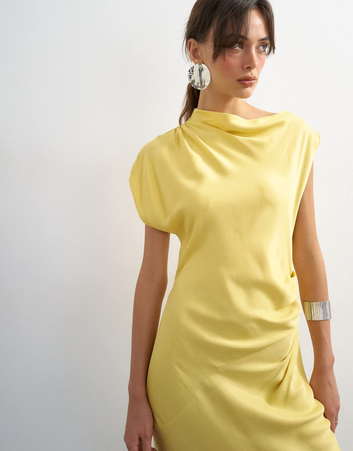 Topshop satin grown on neck tuck side maxi dress with open back in yellow