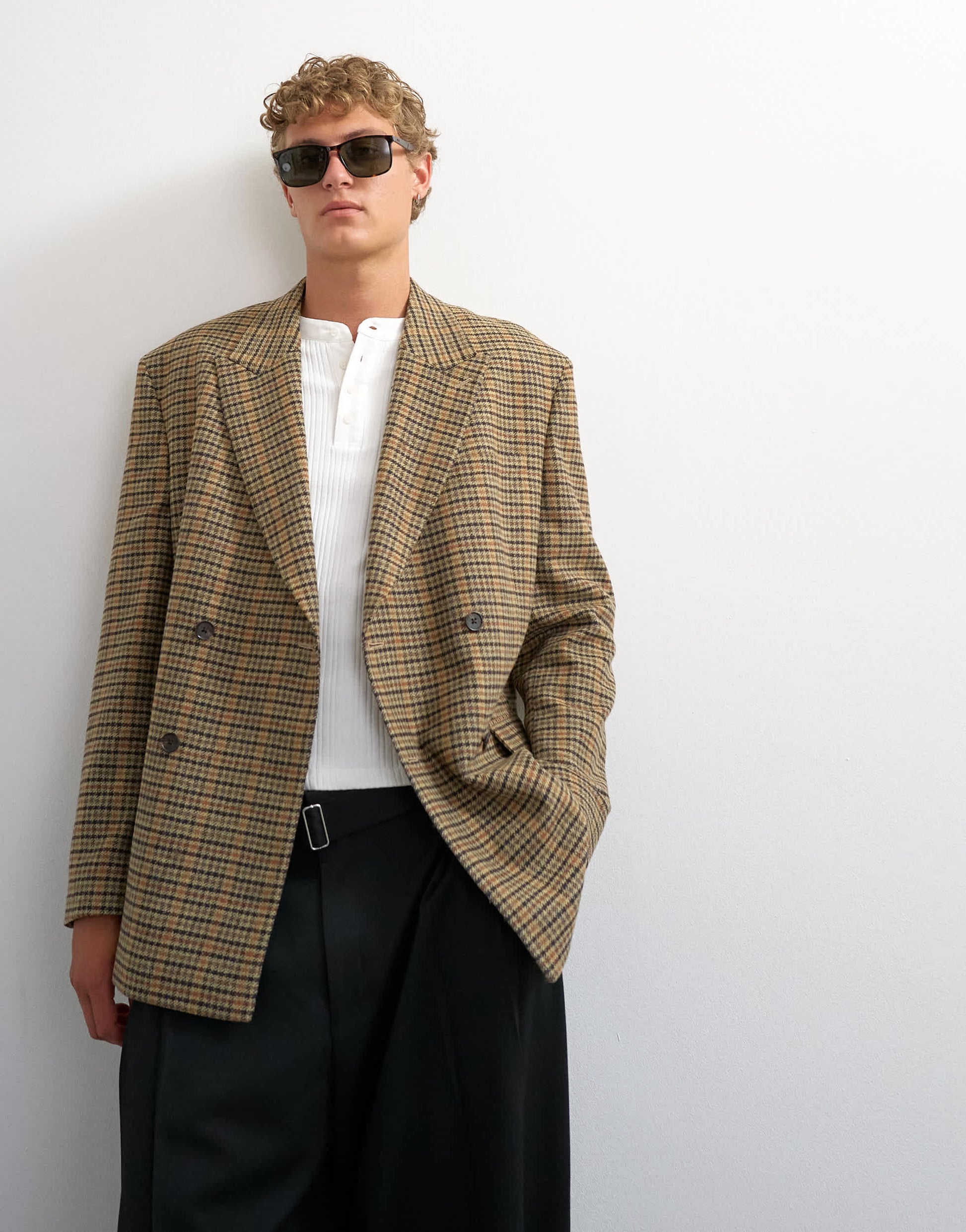 Topman oversized fit textured check double breasted blazer with wool blend in brown