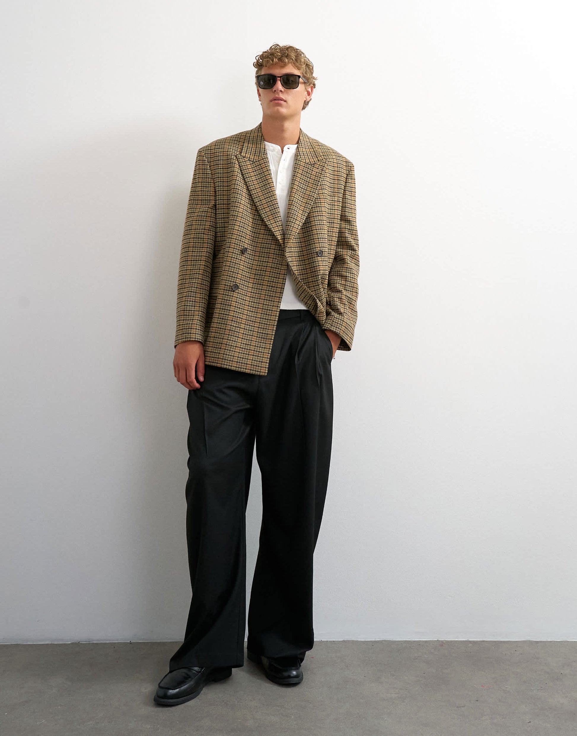 Topman oversized fit textured check double breasted blazer with wool blend in brown