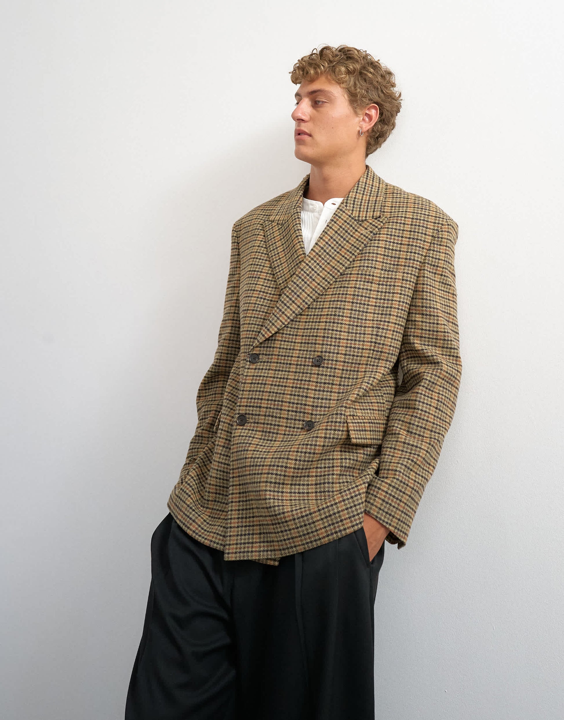 Topman oversized fit textured check double breasted blazer with wool blend in brown