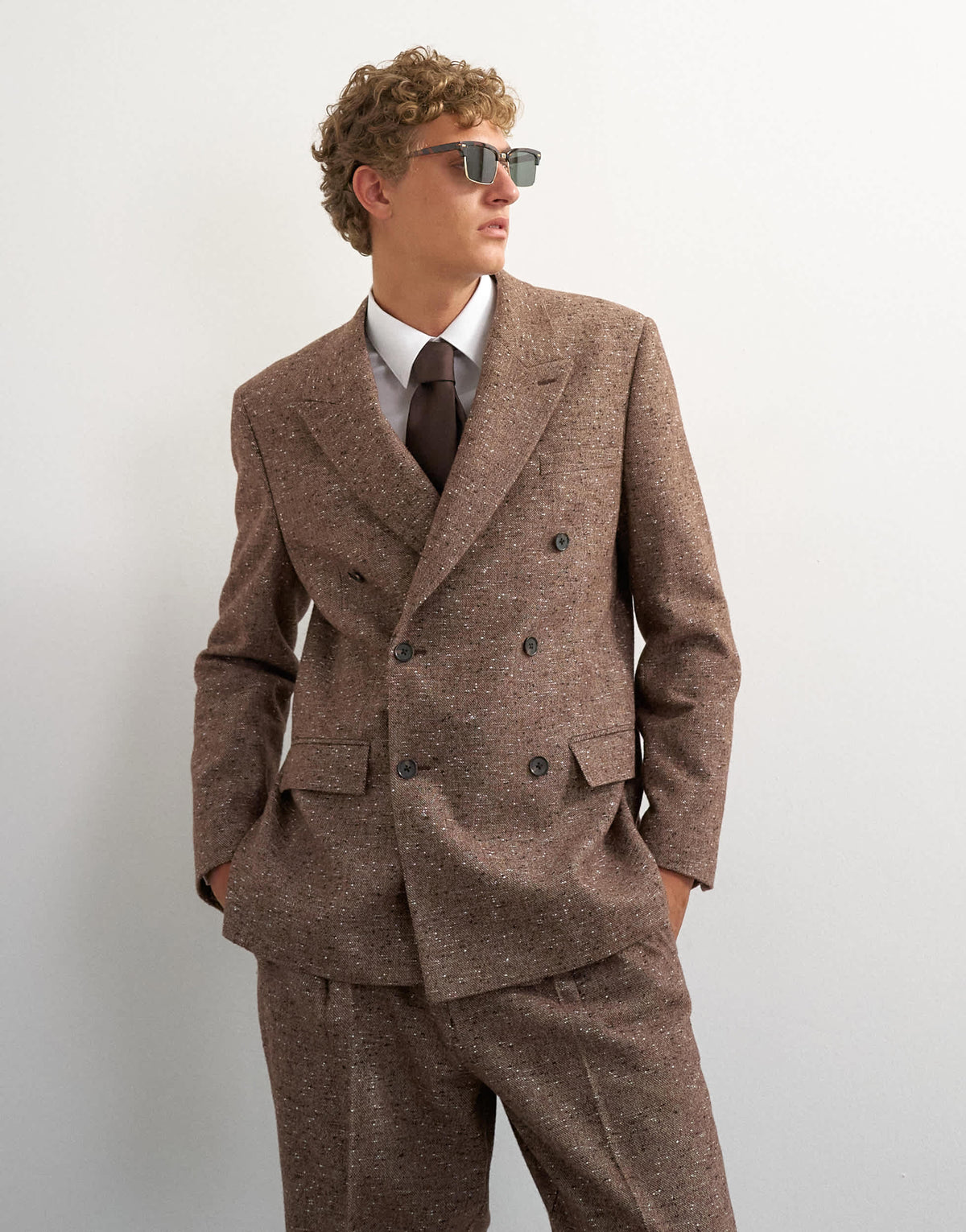 Topman relaxed fit textured double breasted blazer in brown
