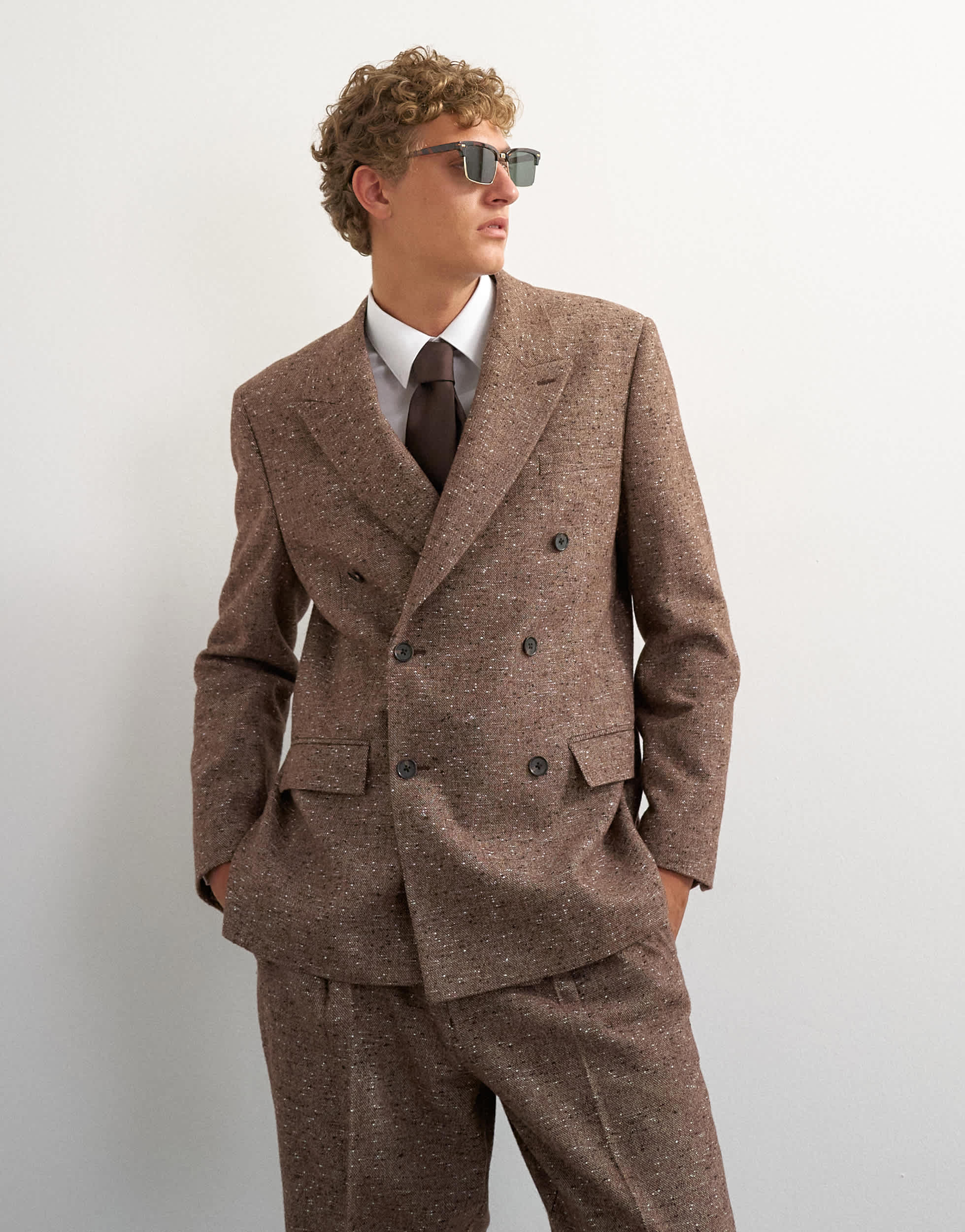 Topman relaxed fit textured double breasted blazer in brown