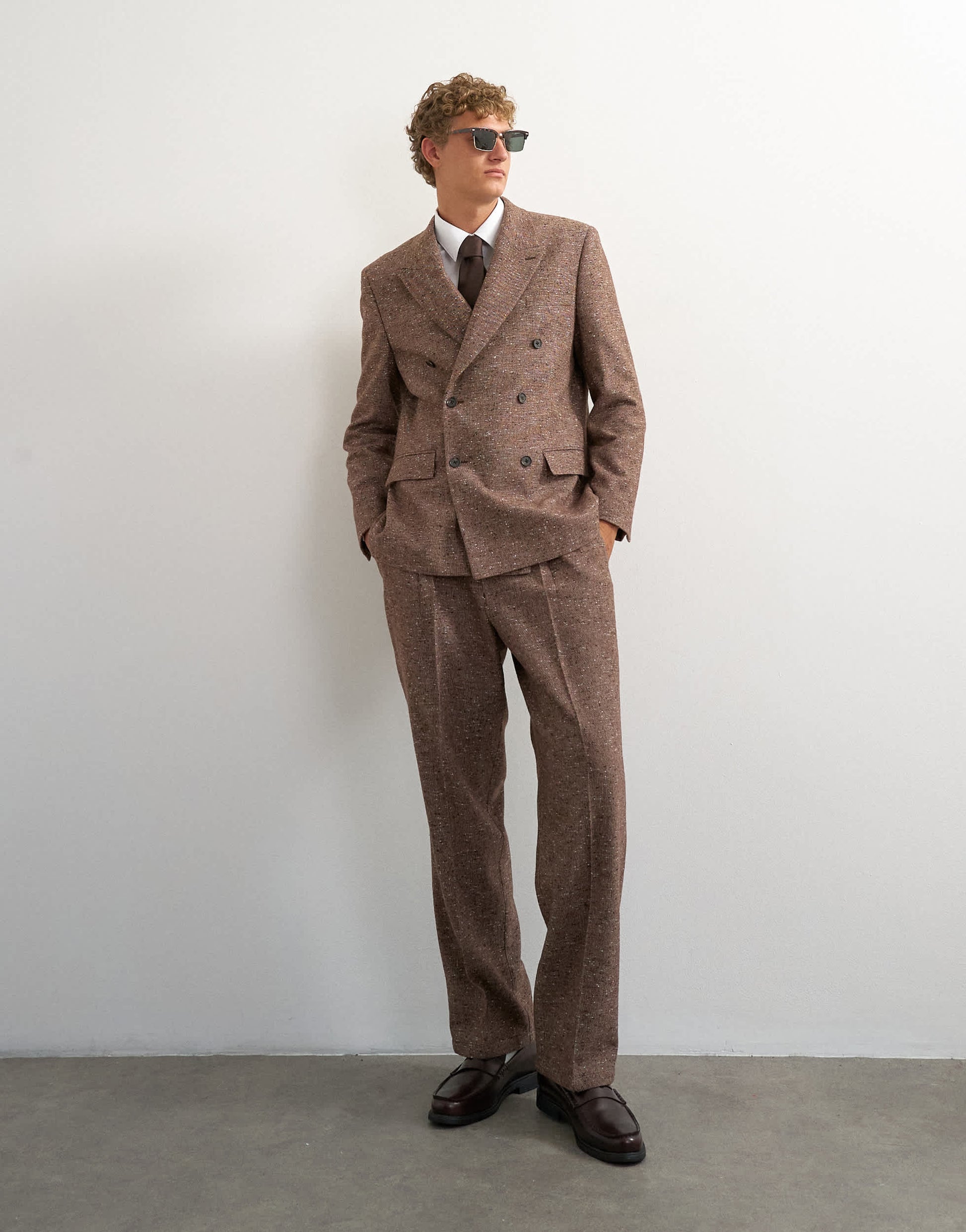 Topman relaxed fit textured double breasted blazer in brown