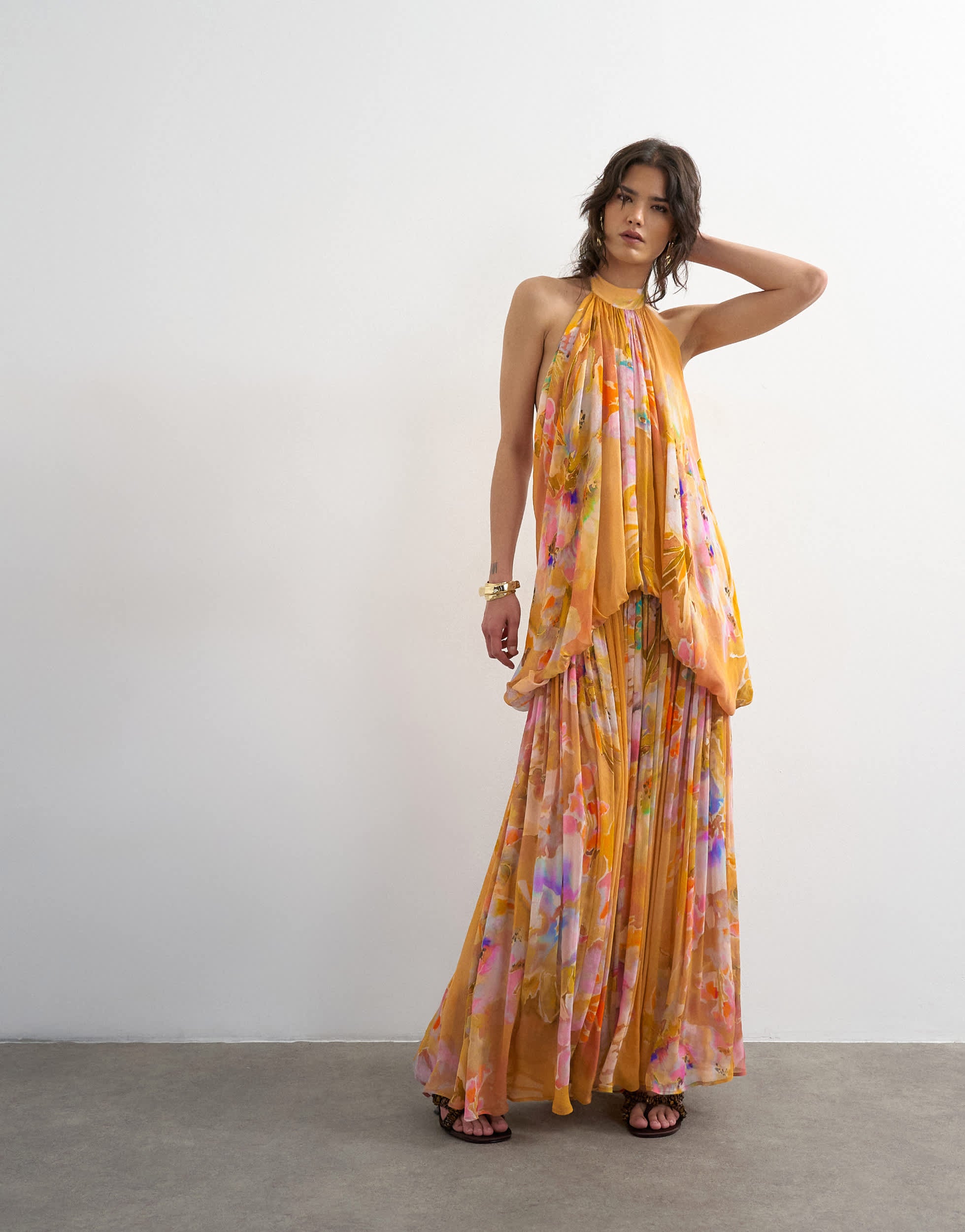 Topshop premium viscose blouson halter neck maxi dress with open back and train in handpainted floral print