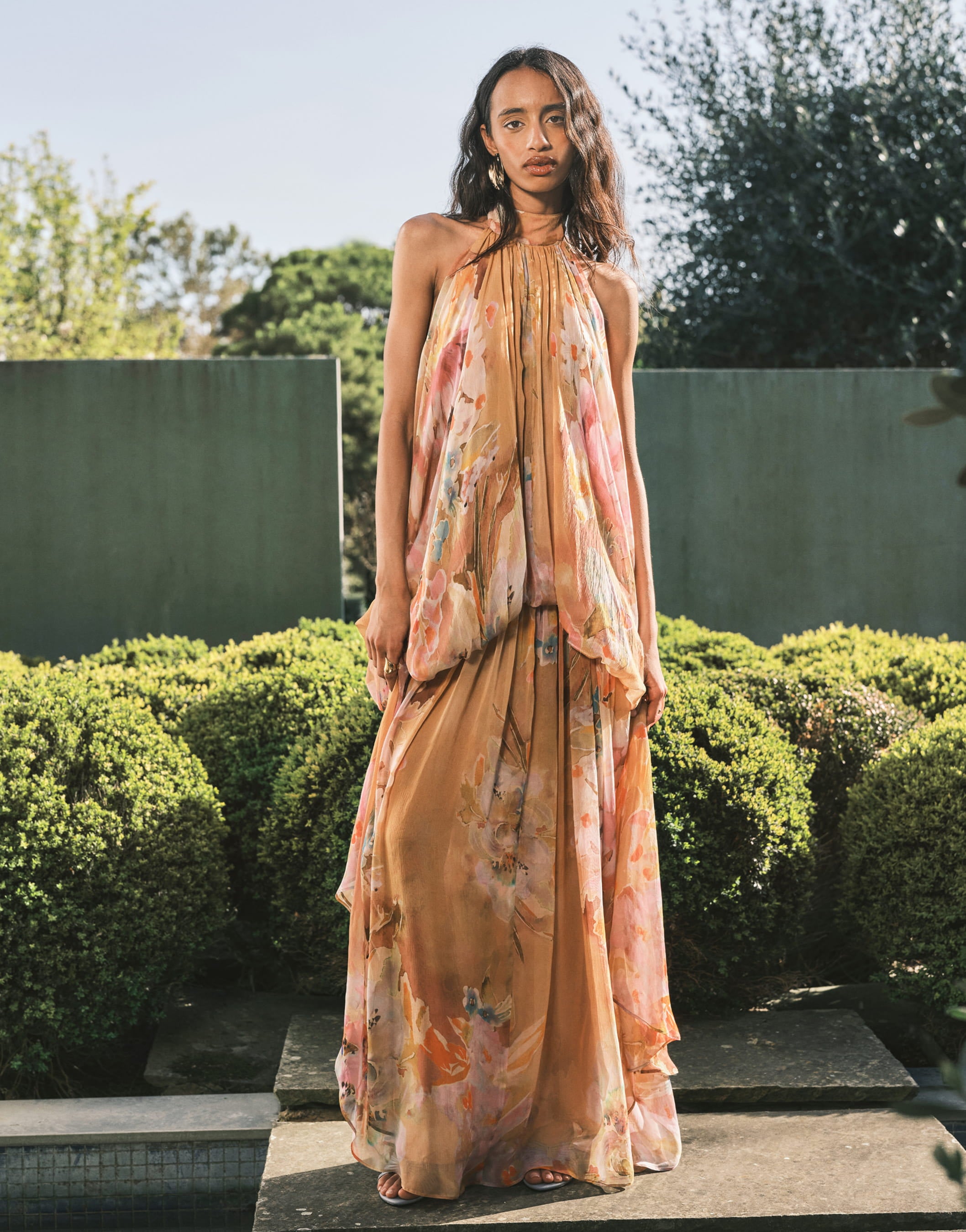 Topshop premium viscose blouson halter neck maxi dress with open back and train in handpainted floral print