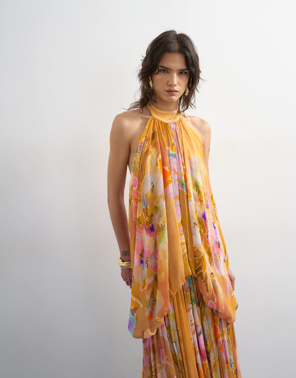 Topshop premium viscose blouson halter neck maxi dress with open back and train in handpainted floral print