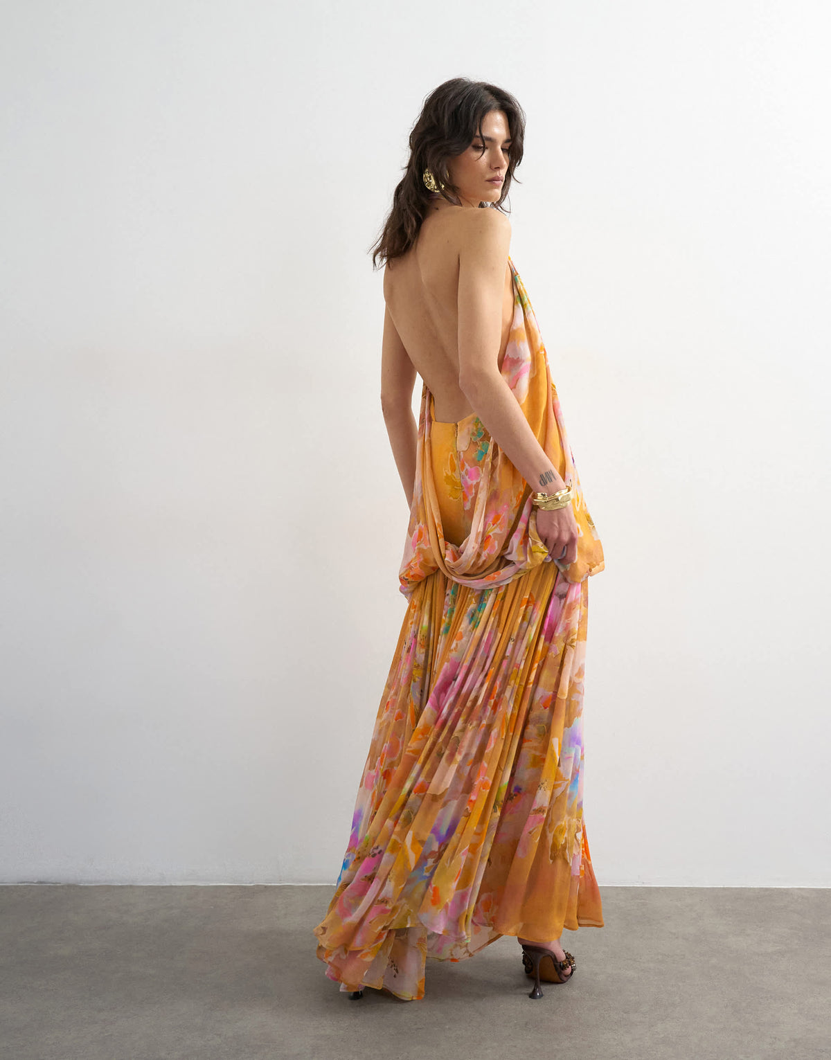 Topshop premium viscose blouson halter neck maxi dress with open back and train in handpainted floral print