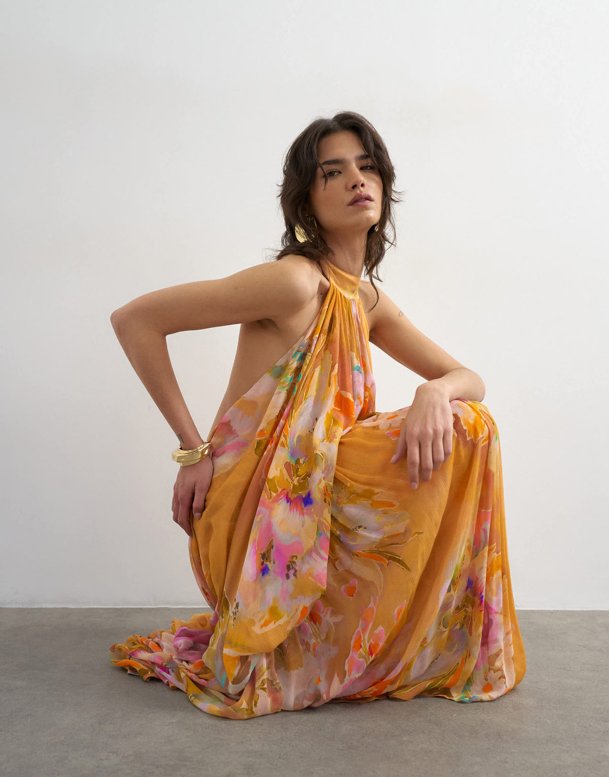 Topshop premium viscose blouson halter neck maxi dress with open back and train in handpainted floral print