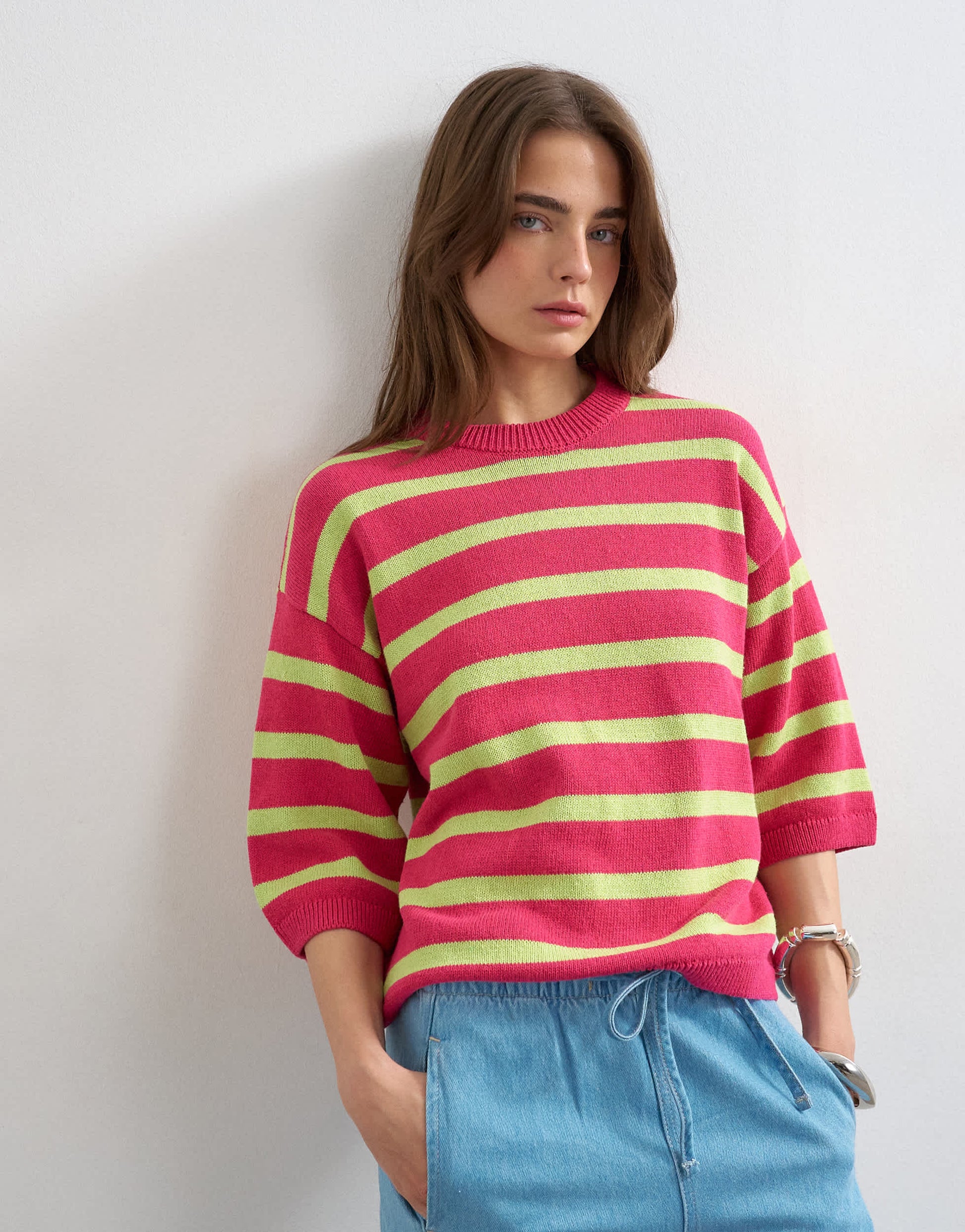 Topshop knitted half sleeve relaxed fit t-shirt in pink and lime