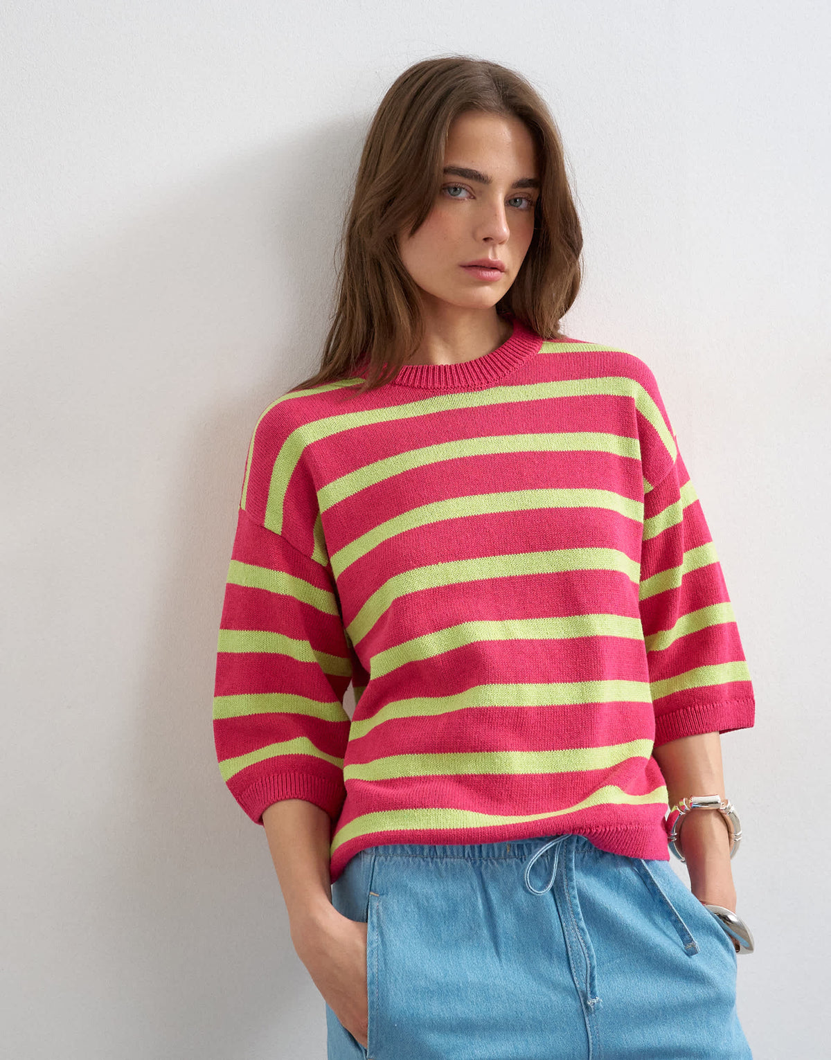 Topshop knitted half sleeve relaxed fit t-shirt in pink and lime