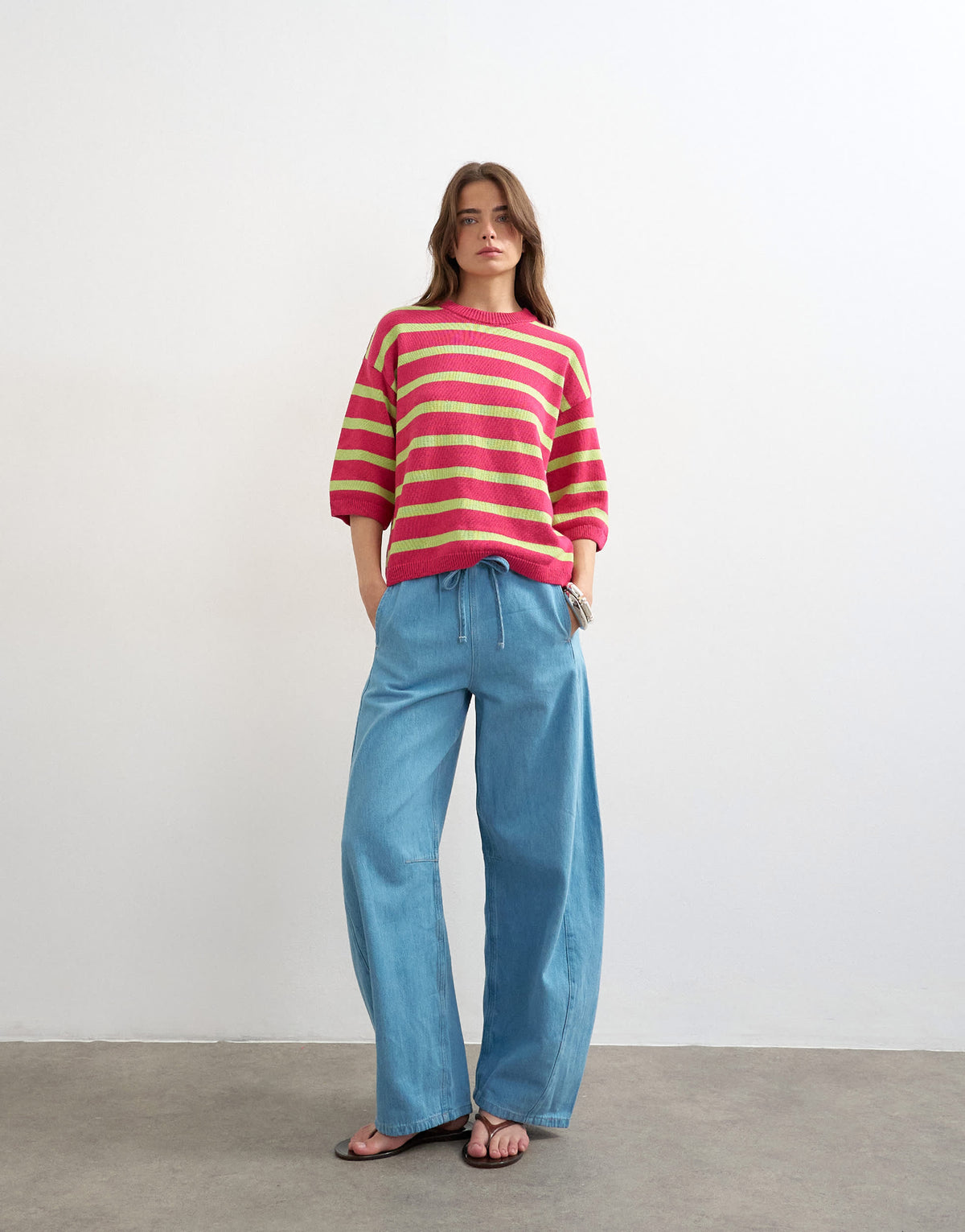 Topshop knitted half sleeve relaxed fit t-shirt in pink and lime