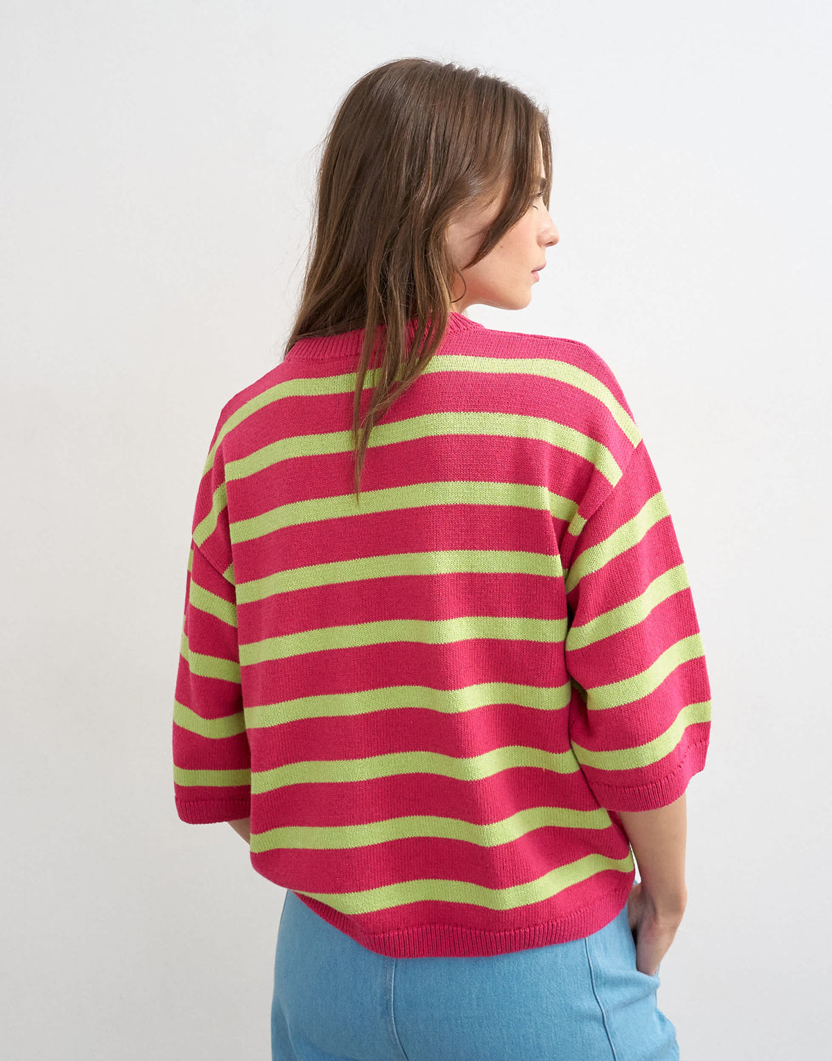 Topshop knitted half sleeve relaxed fit t-shirt in pink and lime