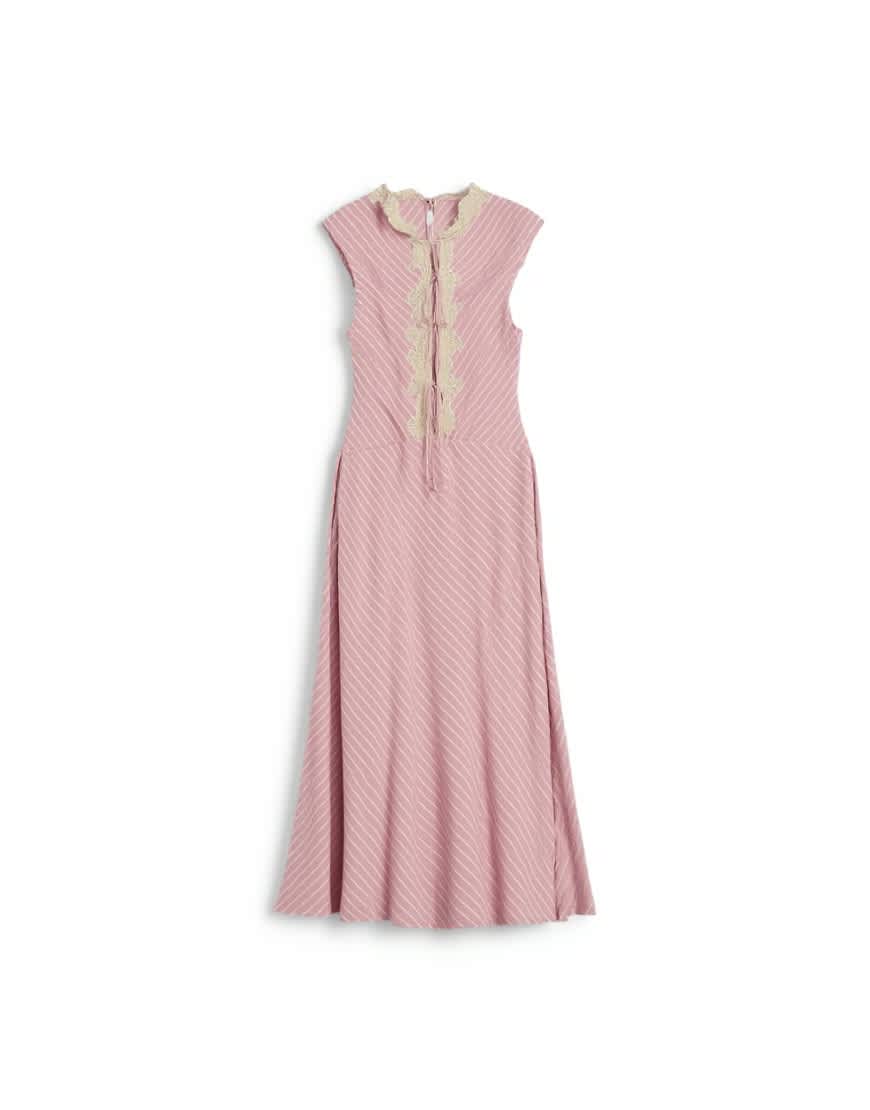 Topshop delicate tie front maxi dress with lace insert in pink stripe