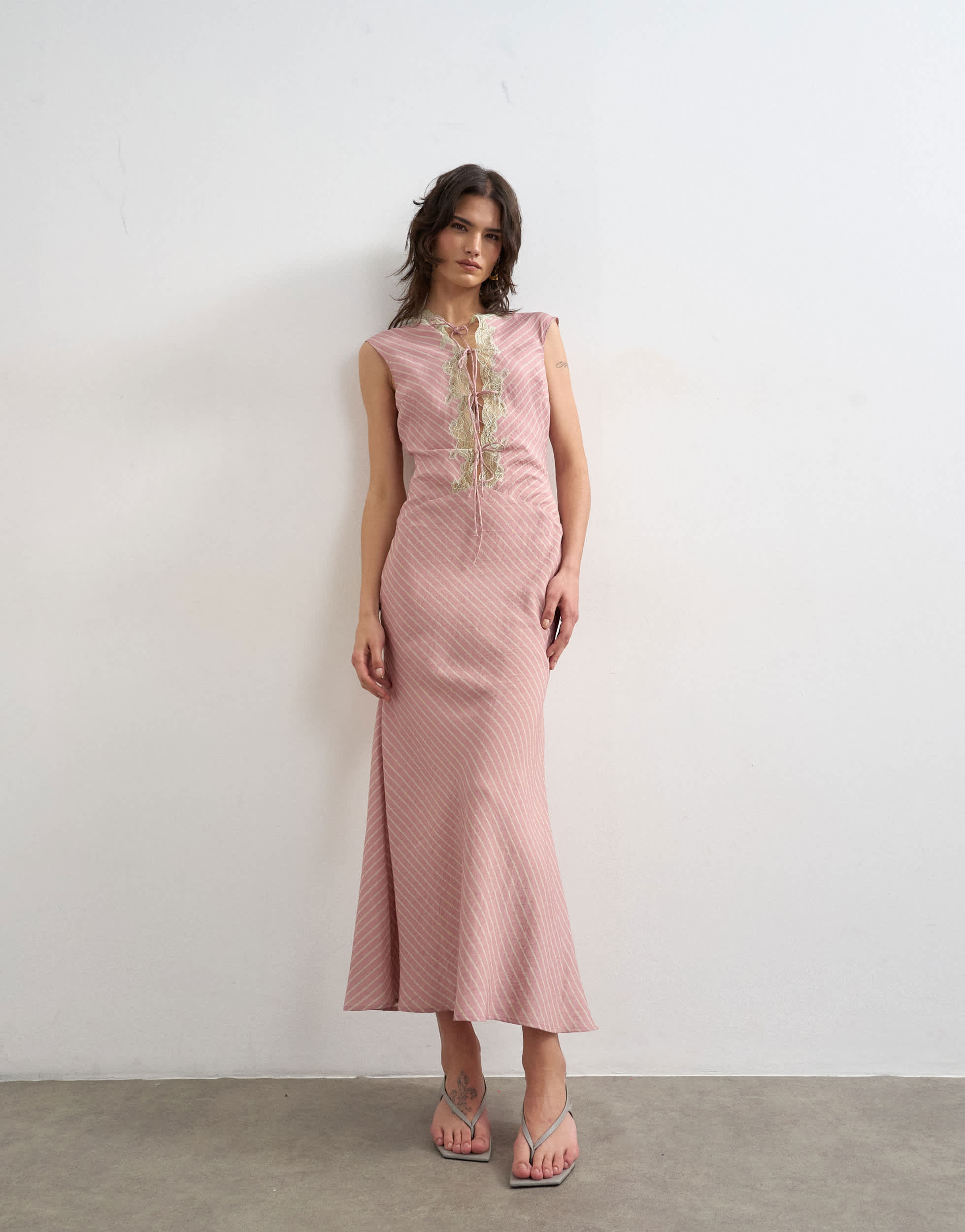 Topshop delicate tie front maxi dress with lace insert in pink stripe