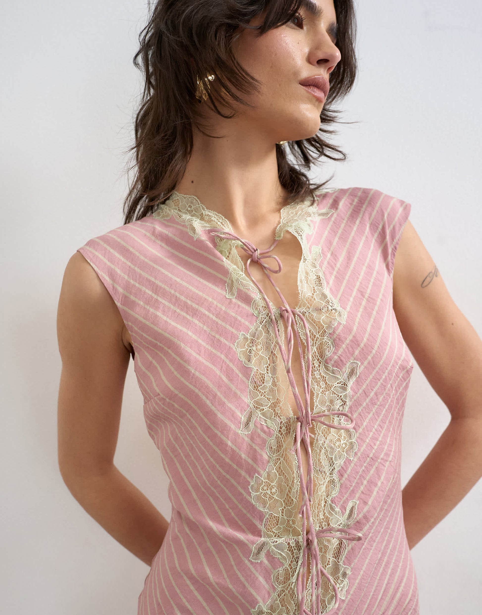 Topshop delicate tie front maxi dress with lace insert in pink stripe