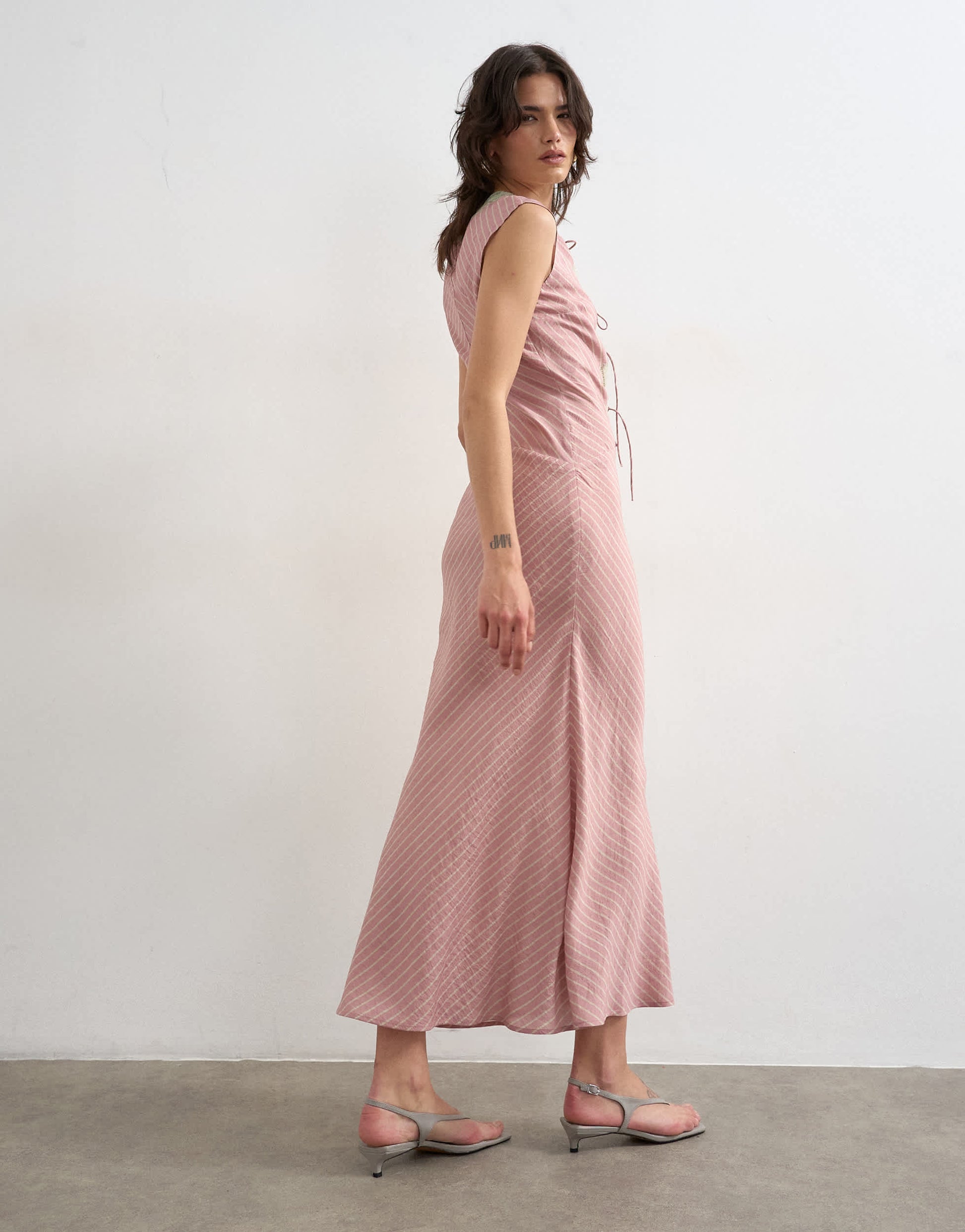 Topshop delicate tie front maxi dress with lace insert in pink stripe