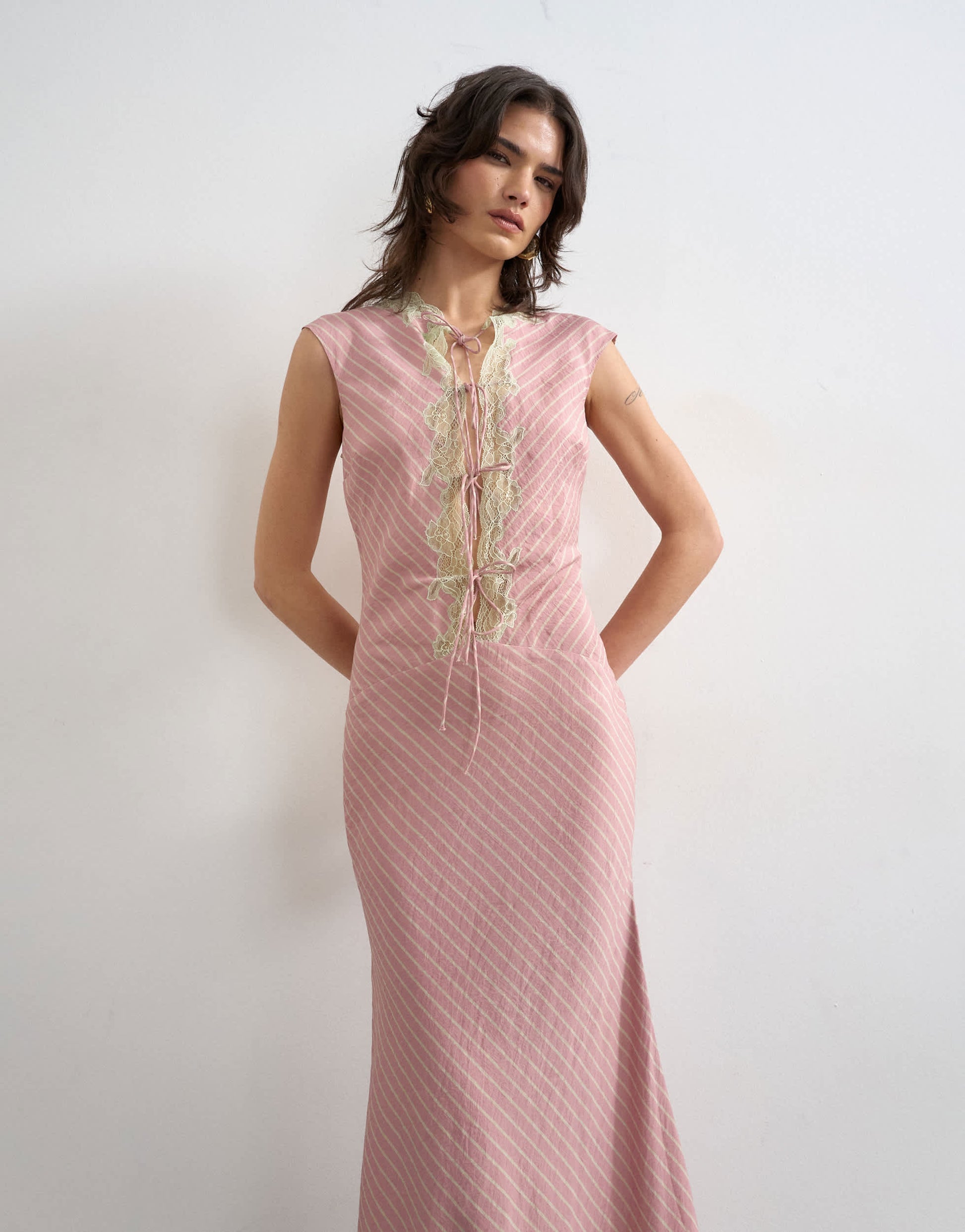 Topshop delicate tie front maxi dress with lace insert in pink stripe