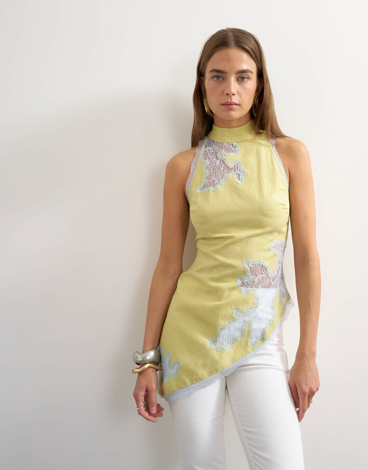 Topshop premium halter neck top with contrast lace detail in green 