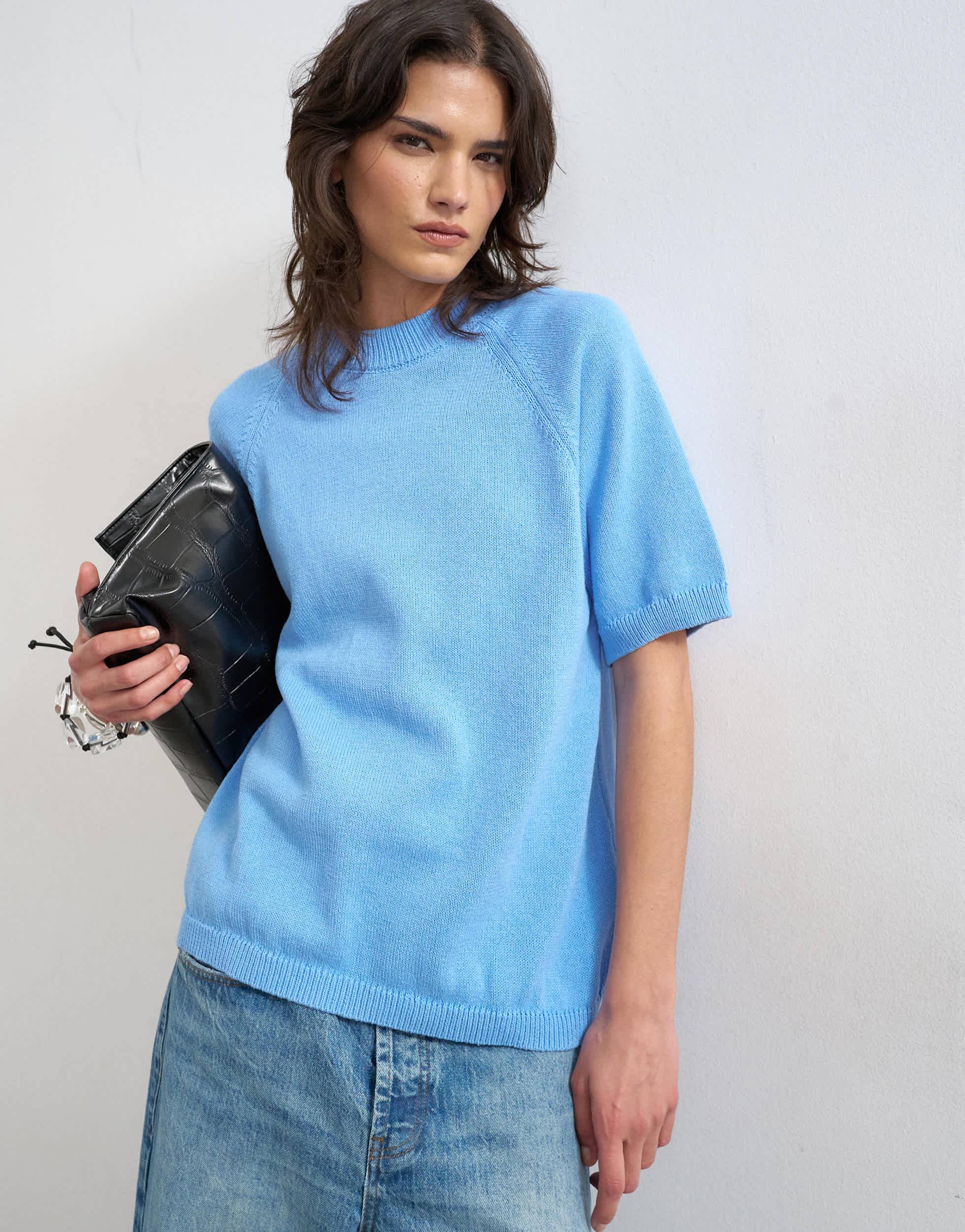 Topshop Strick-T-Shirt mit halbem Arm in Kornblumenblau