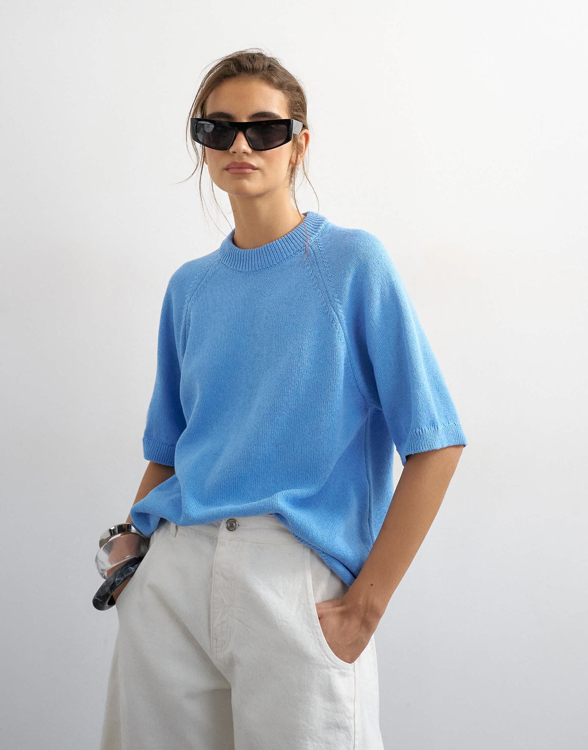 Topshop knitted half sleeve t-shirt in cornflower blue