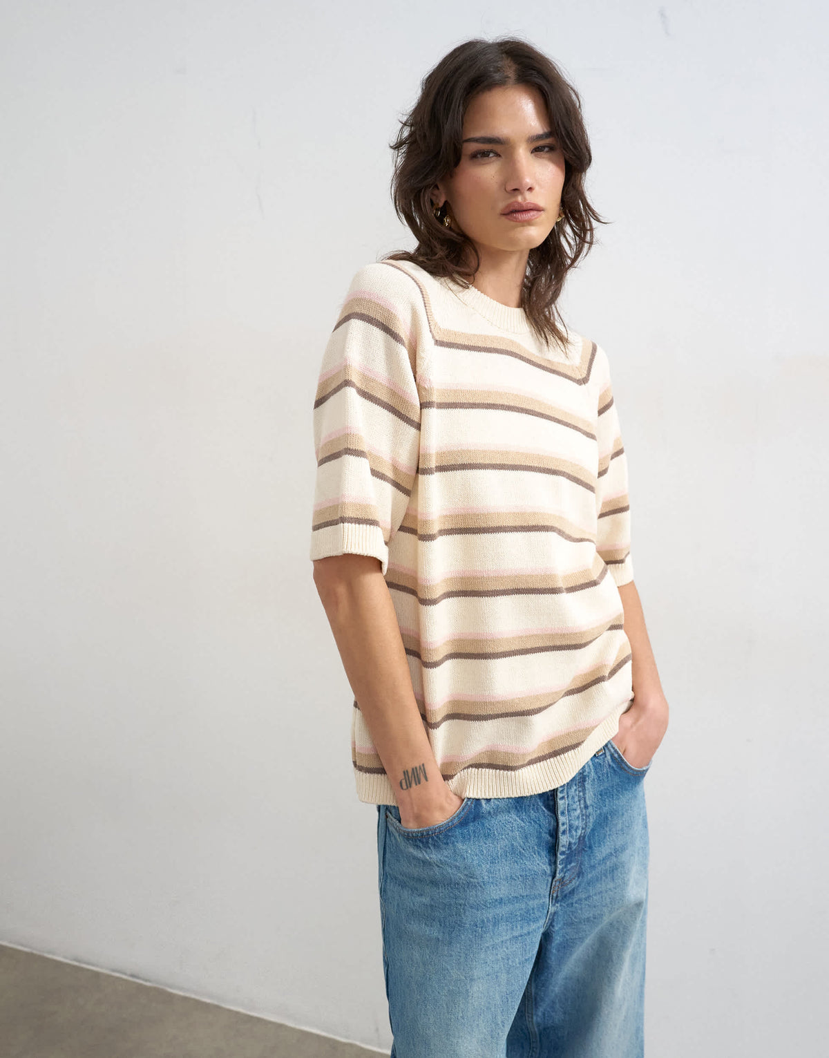 Topshop knitted half sleeve t-shirt in neutral stripe