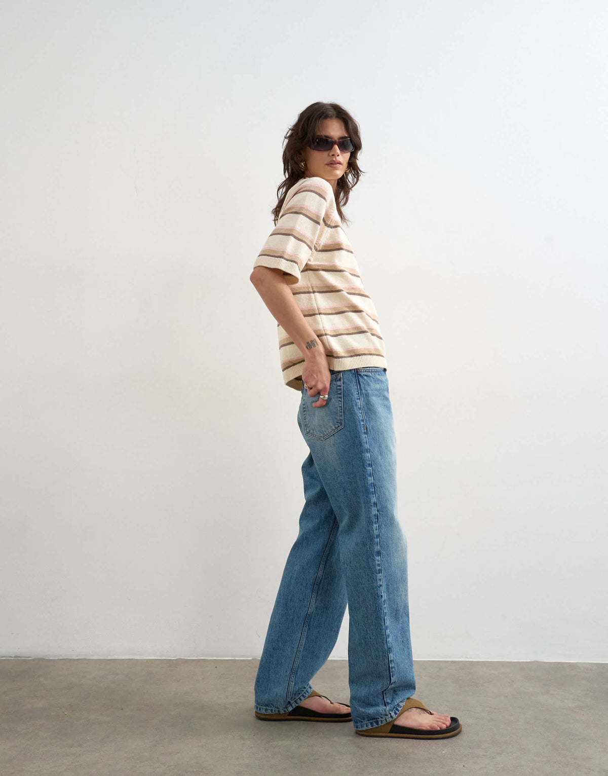 Topshop knitted half sleeve t-shirt in neutral stripe