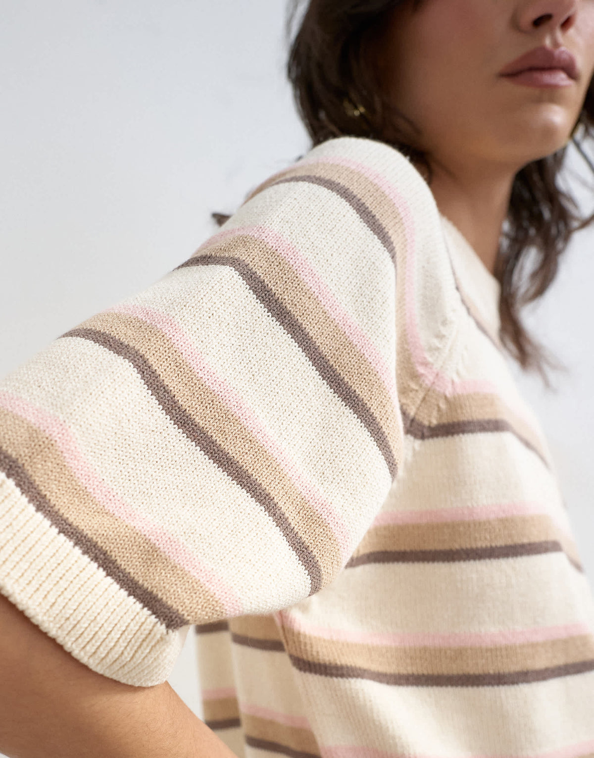 Topshop knitted half sleeve t-shirt in neutral stripe