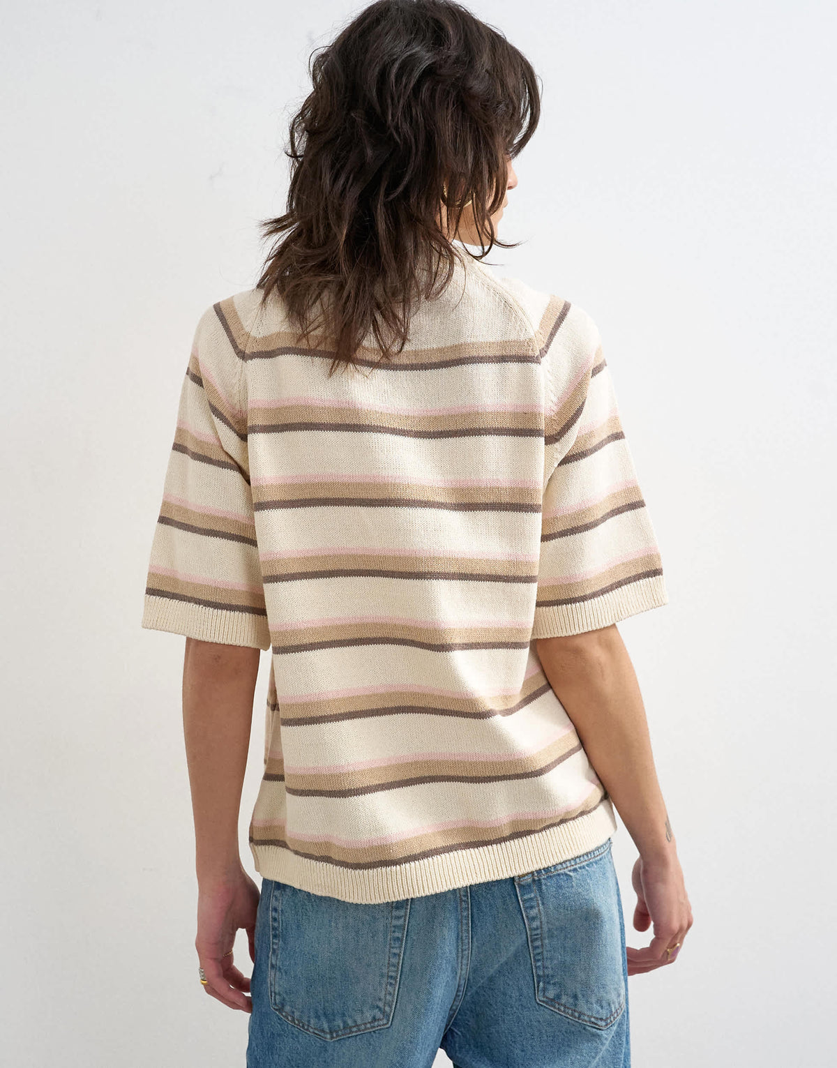 Topshop knitted half sleeve t-shirt in neutral stripe