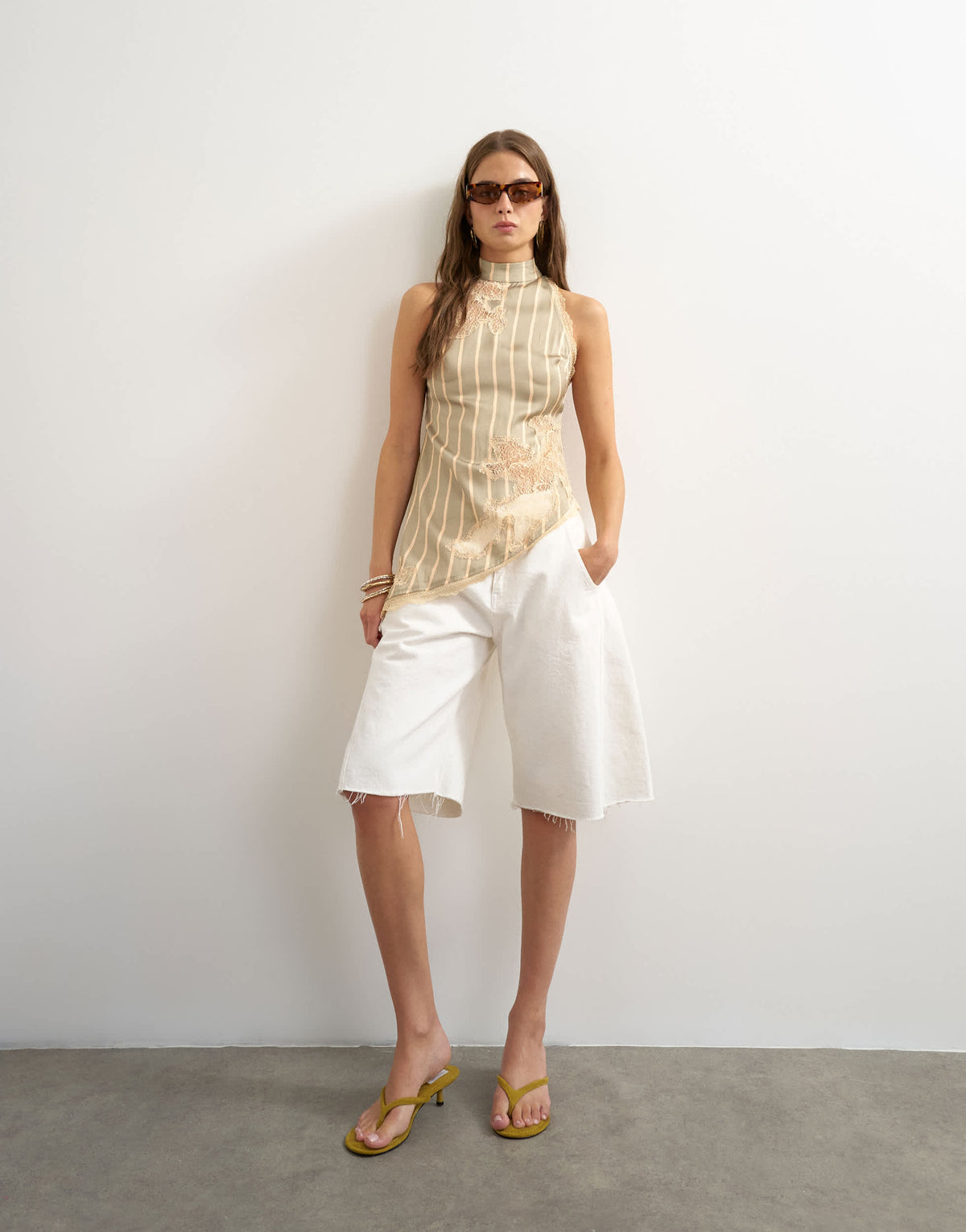 Topshop premium halter neck top with contrast lace detail in green stripe