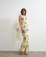 Topshop jacquard spot maxi occasion dress with open back in lemon and blue floral print