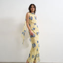 Topshop jacquard spot maxi occasion dress with open back in lemon and blue floral print
