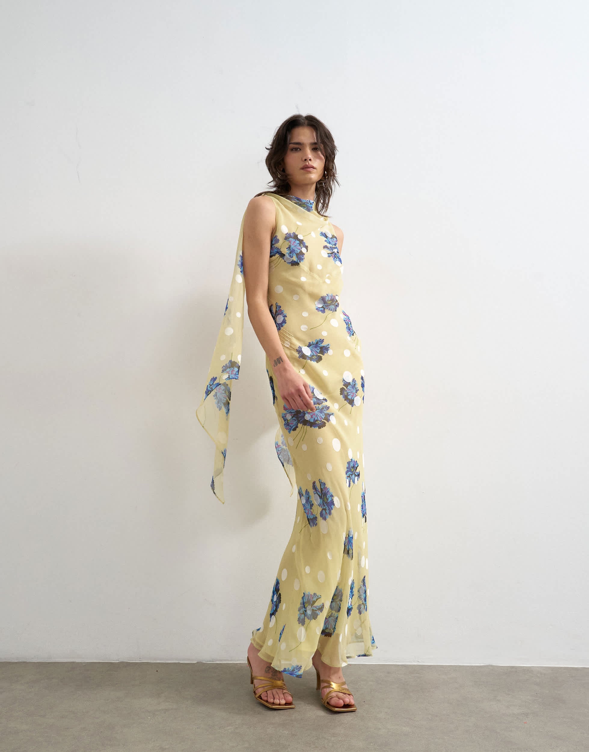 Topshop jacquard spot maxi occasion dress with open back in lemon and blue floral print