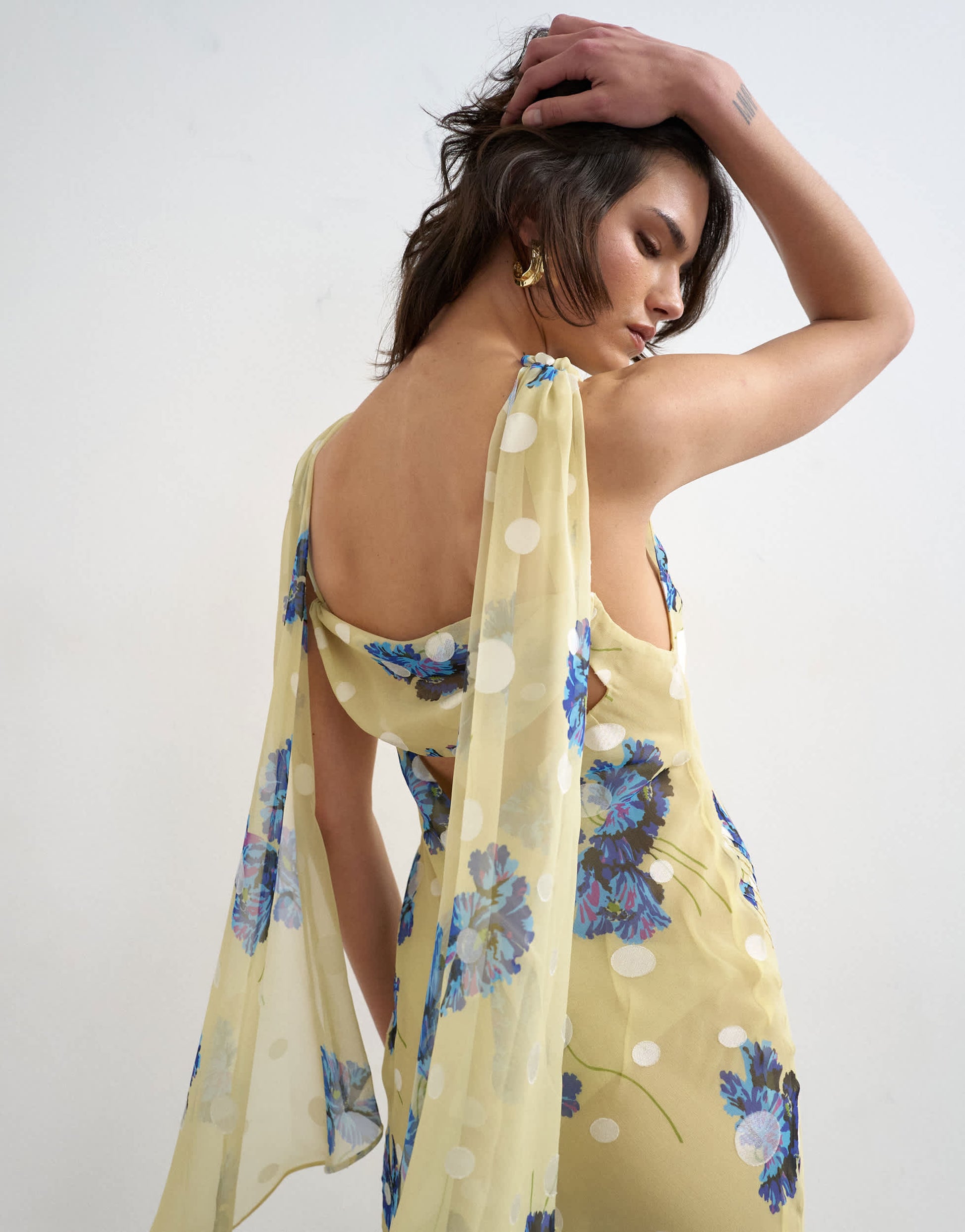 Topshop jacquard spot maxi occasion dress with open back in lemon and blue floral print