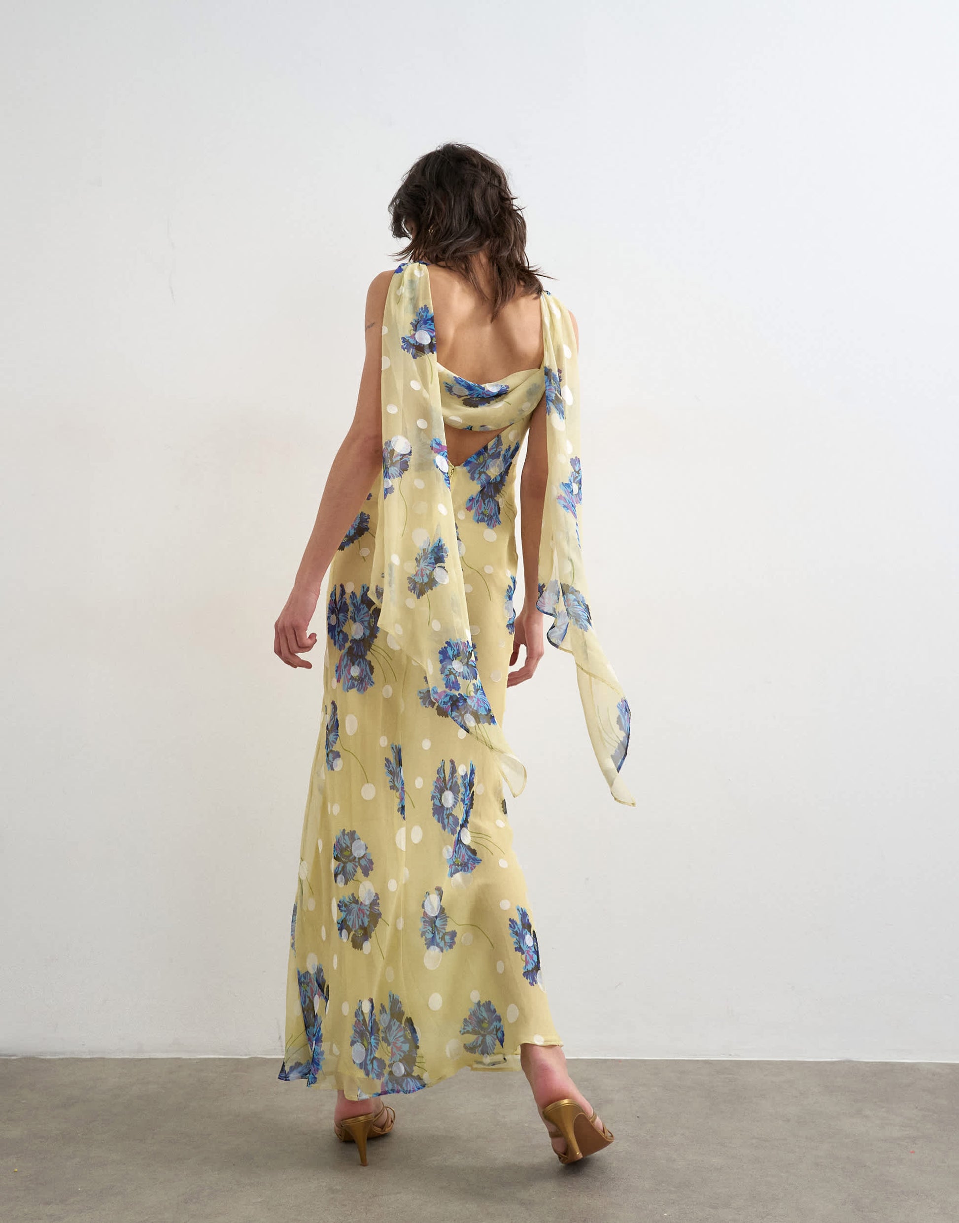 Topshop jacquard spot maxi occasion dress with open back in lemon and blue floral print