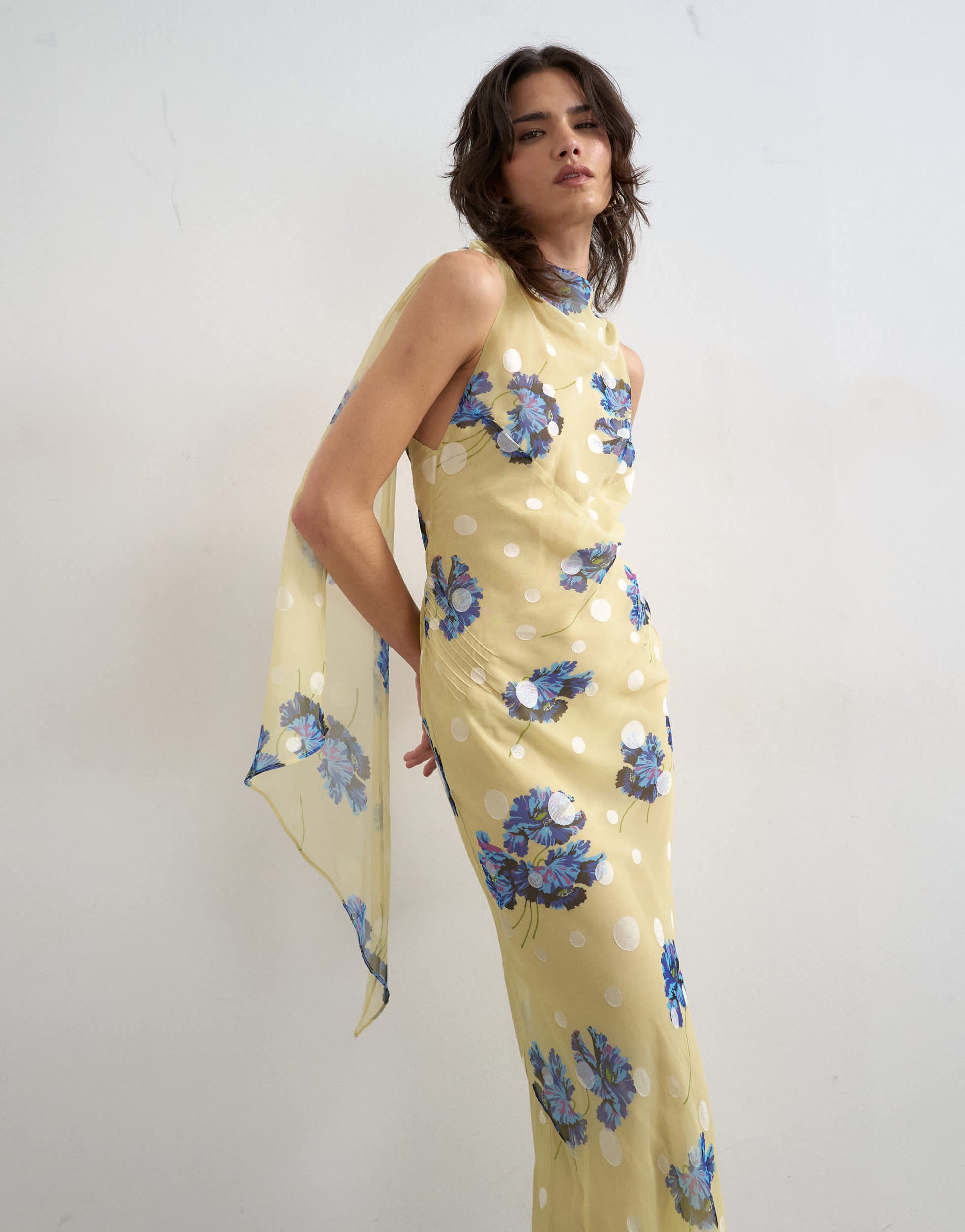 Topshop jacquard spot maxi occasion dress with open back in lemon and blue floral print