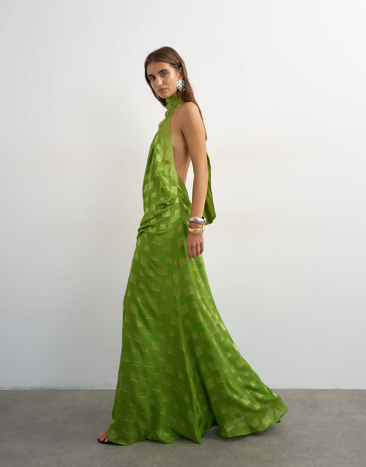 Topshop halter neck tucked side maxi dress with burnout square print detail in green