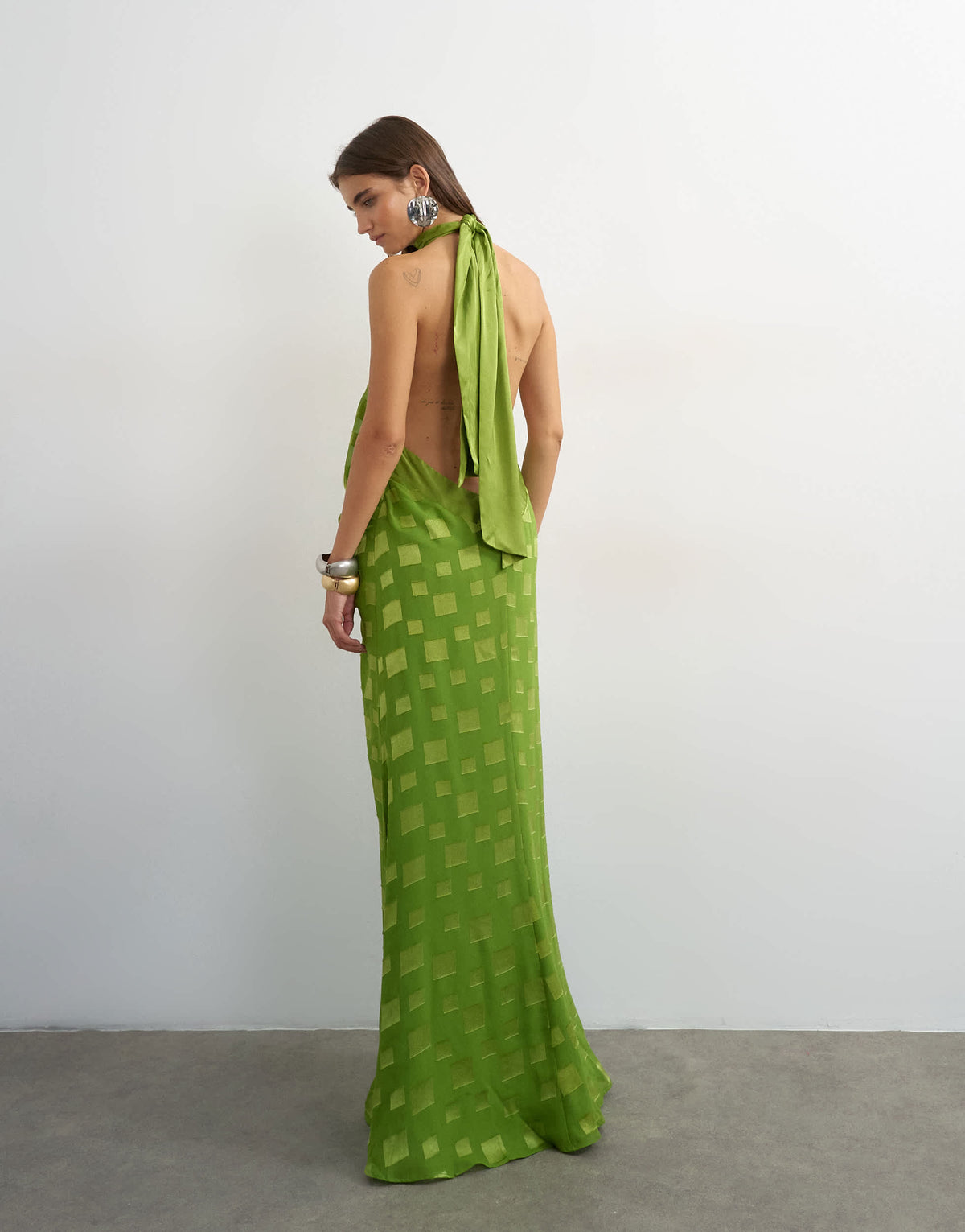 Topshop halter neck tucked side maxi dress with burnout square print detail in green