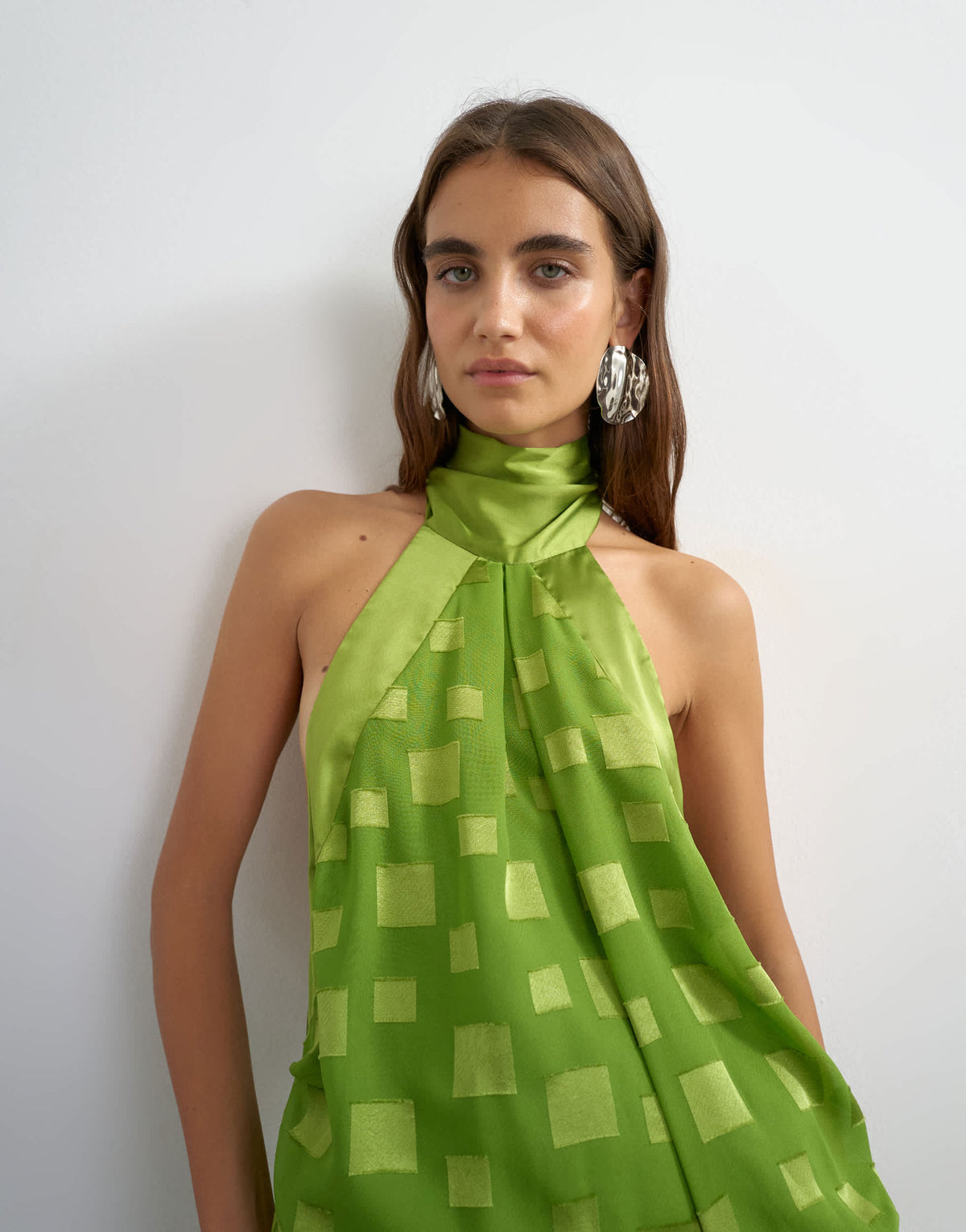 Topshop halter neck tucked side maxi dress with burnout square print detail in green