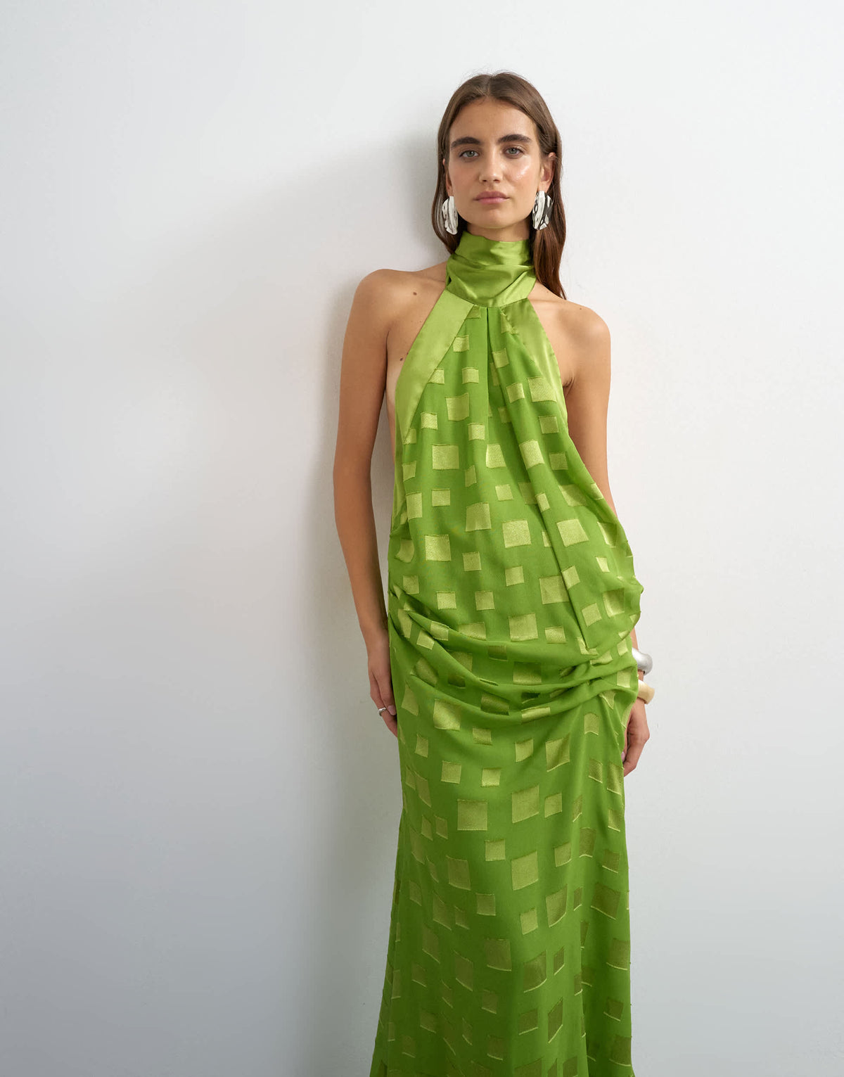 Topshop halter neck tucked side maxi dress with burnout square print detail in green