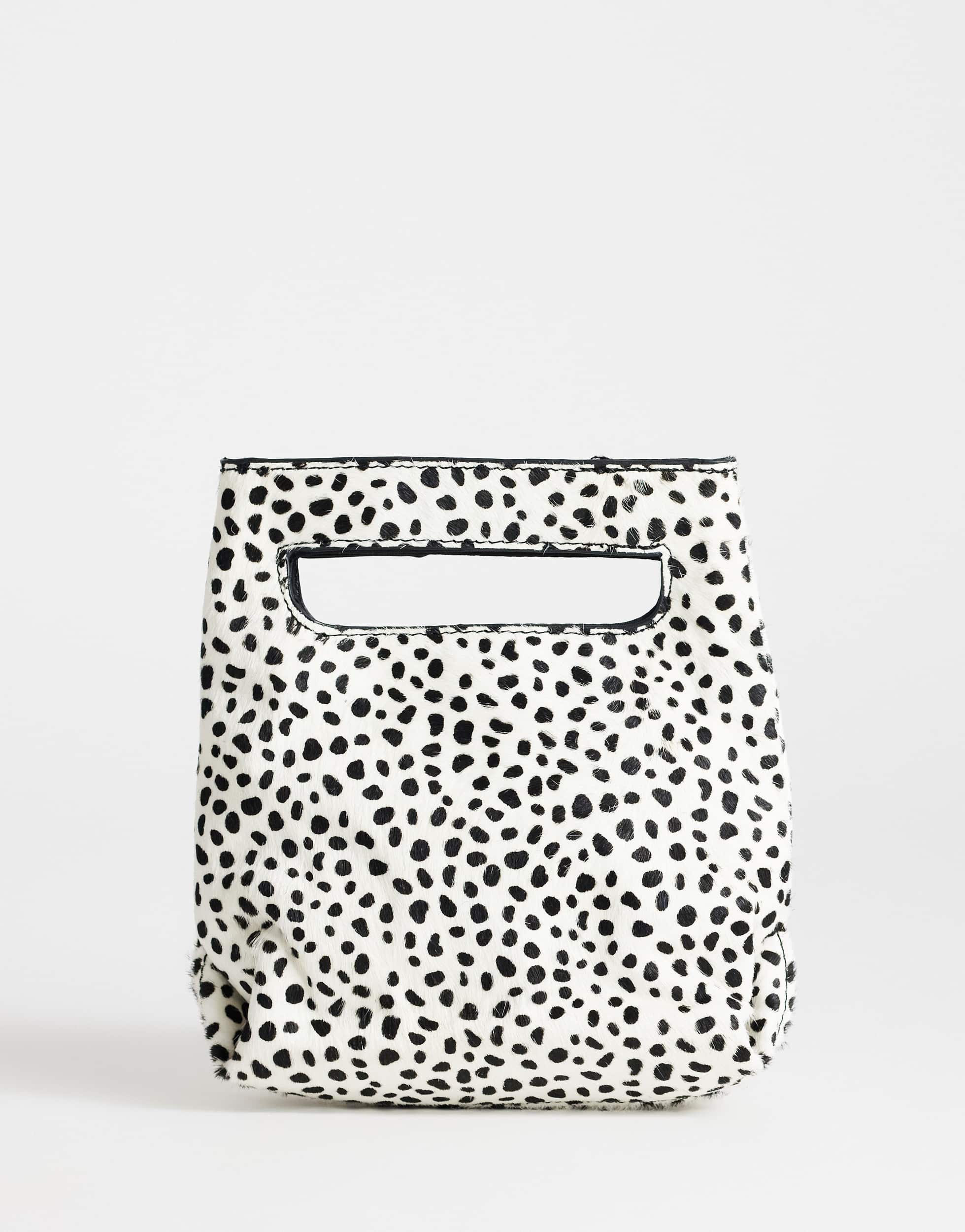 Topshop Stella hair on real leather small grab bag in dalmatian print