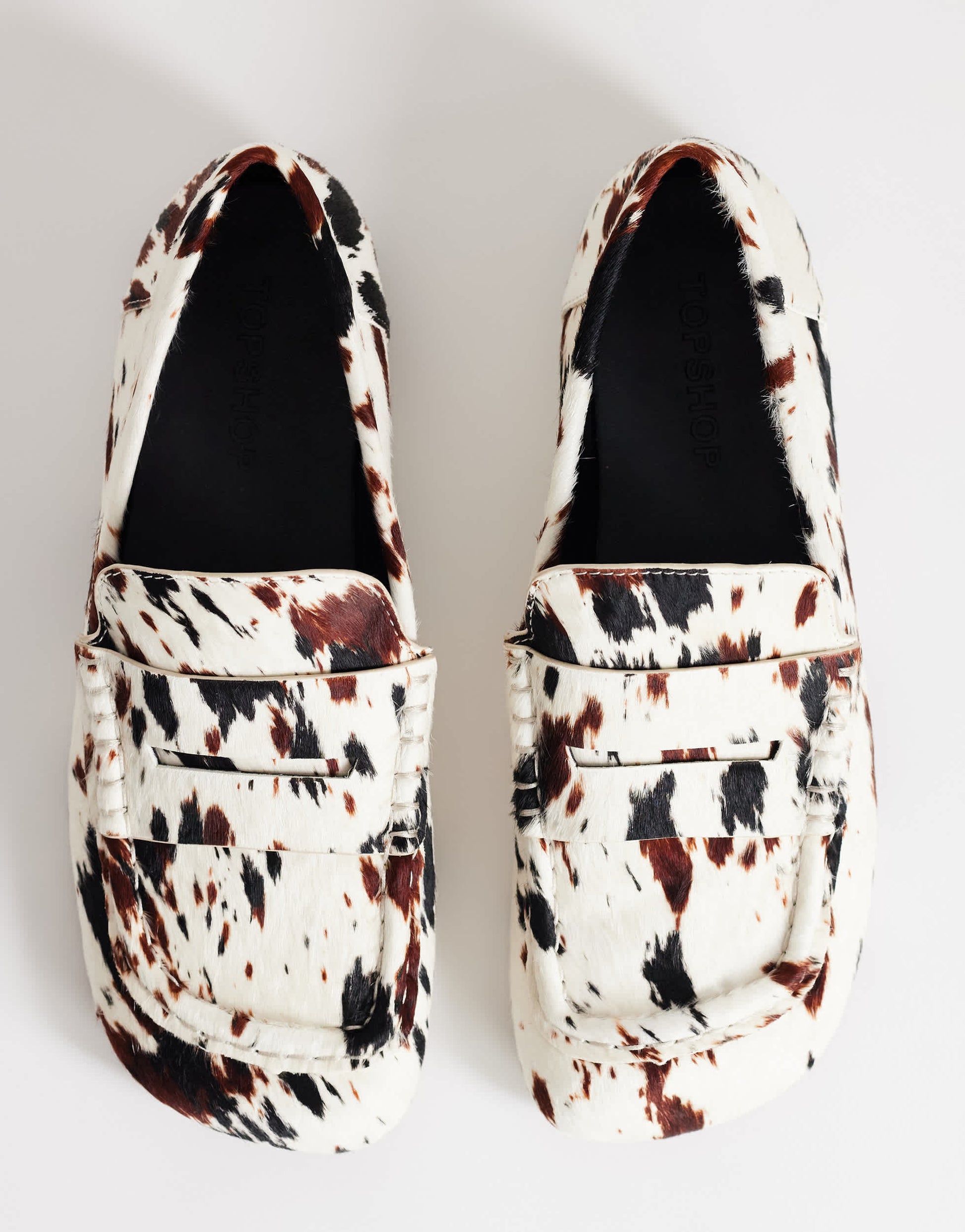 Topshop Daniel flat square toe loafer in animal print hair on real leather