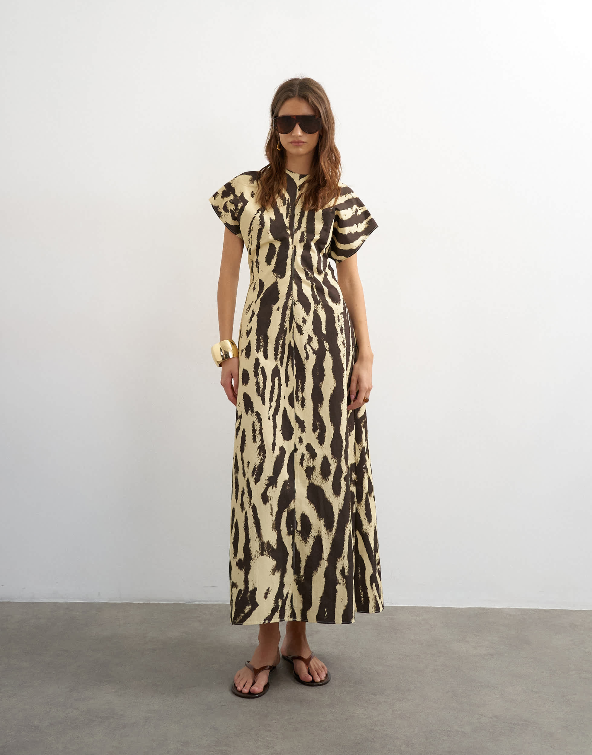 Topshop cotton twill structured drop shoulder maxi dress in mono animal print