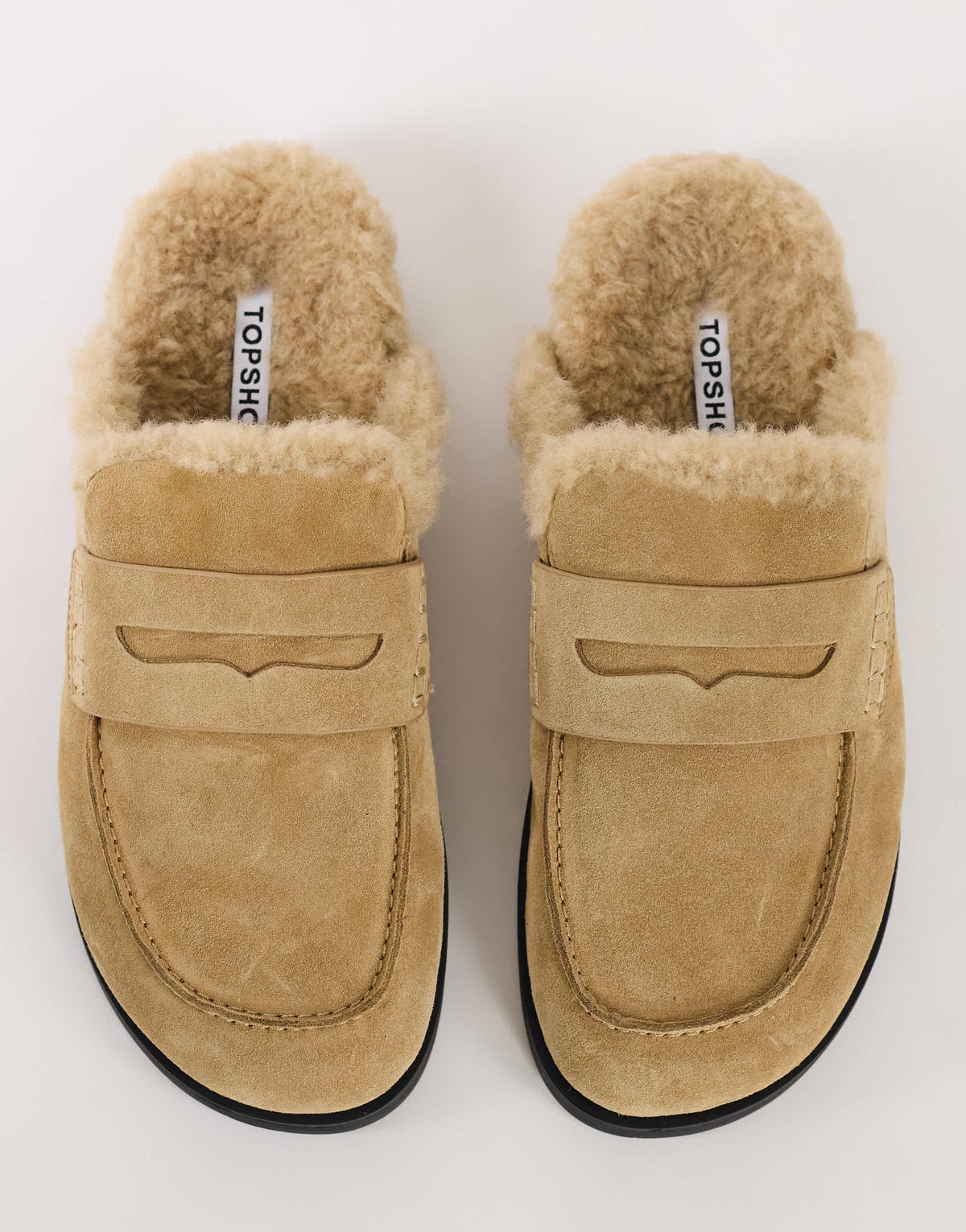 Topshop Addie real suede mule loafer with shearling in sand