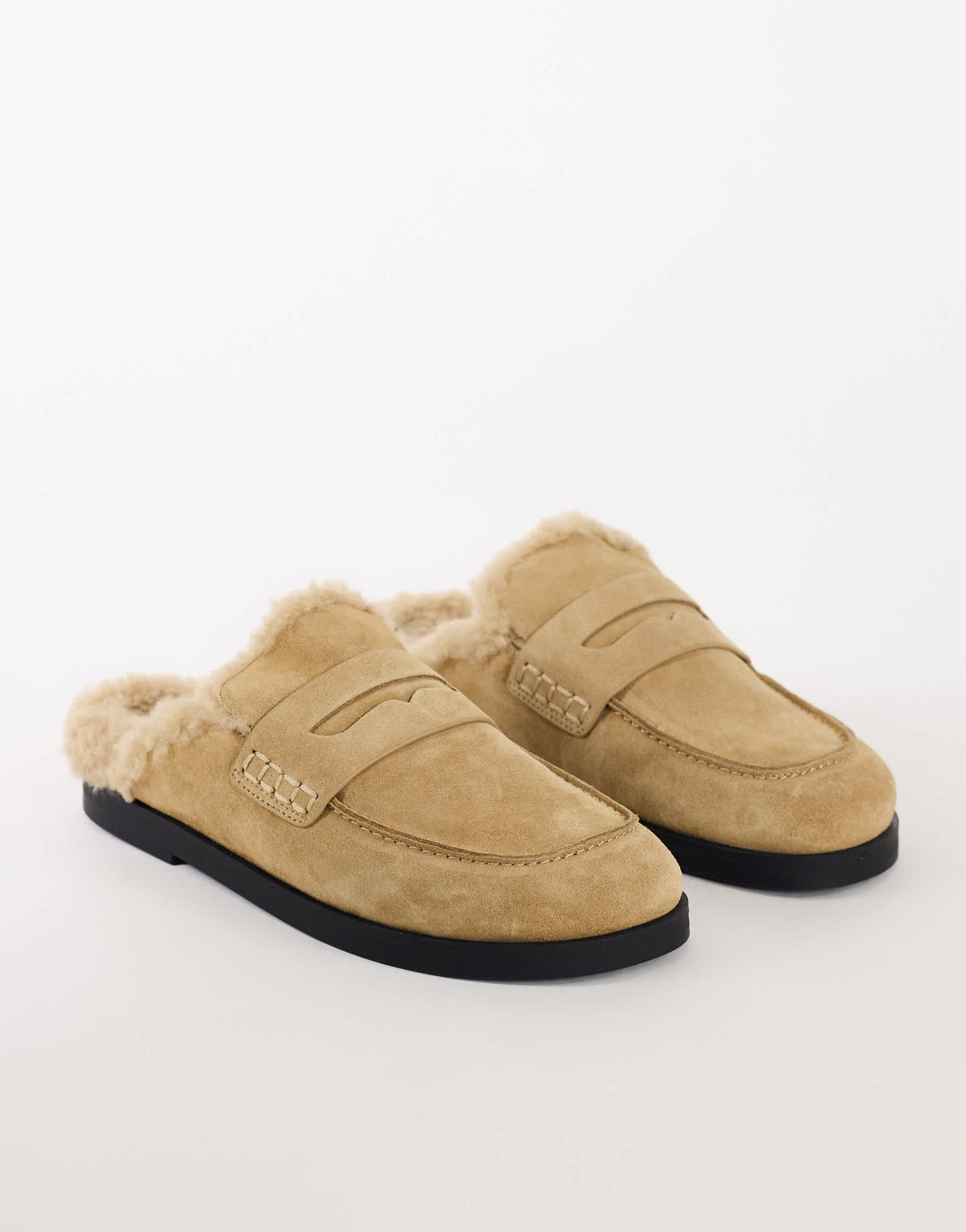 Topshop Addie real suede mule loafer with shearling in sand