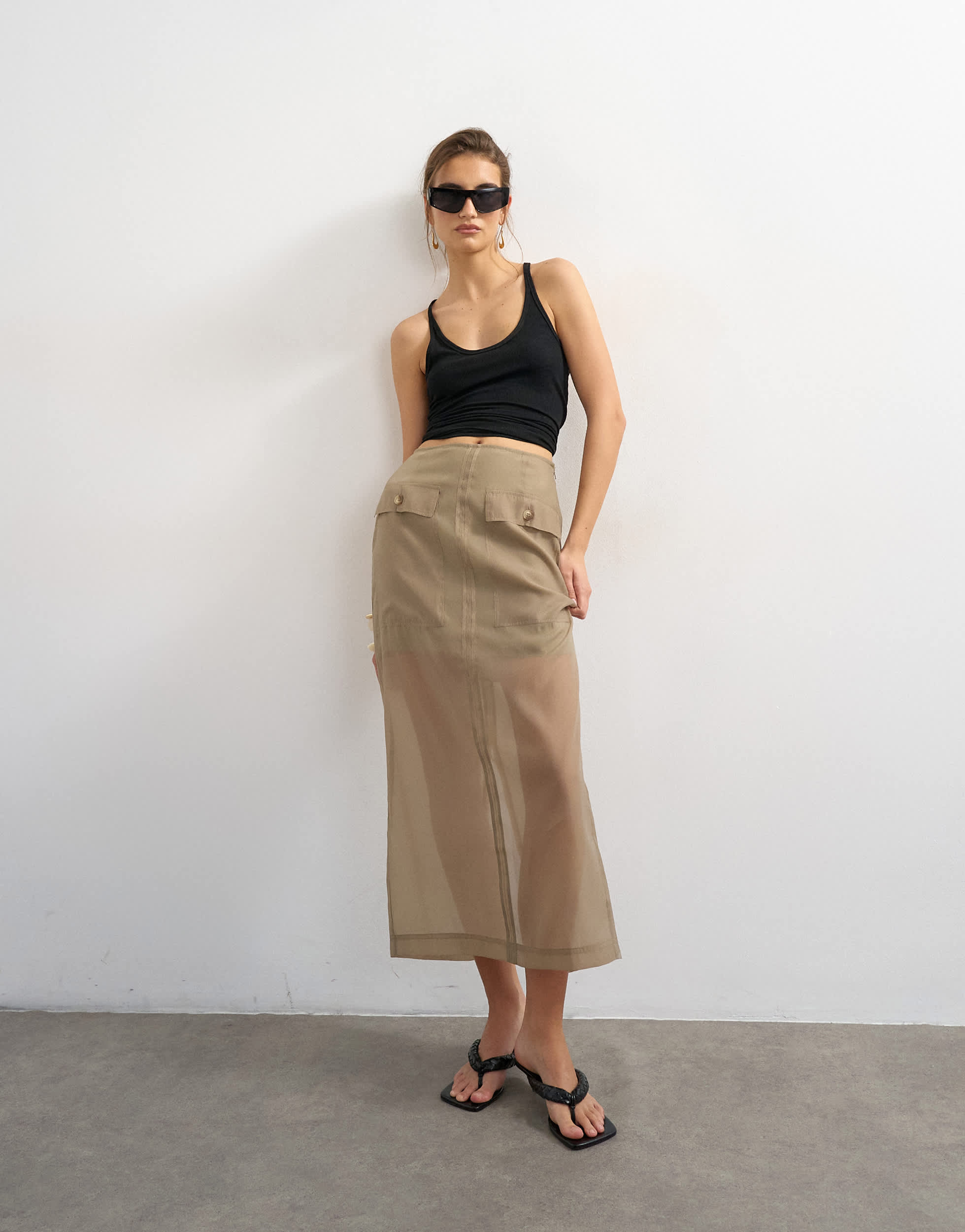 Topshop organza column maxi skirt with pockets in brown mink