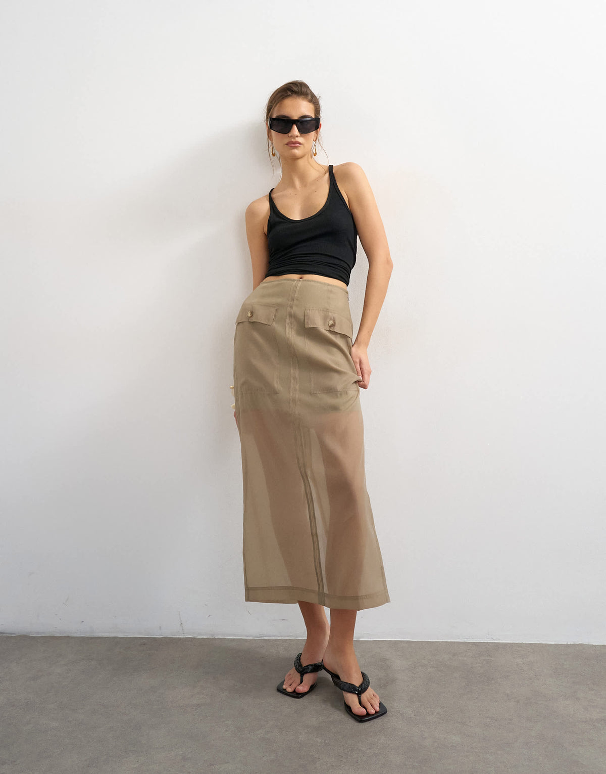 Topshop organza column maxi skirt with pockets in brown mink