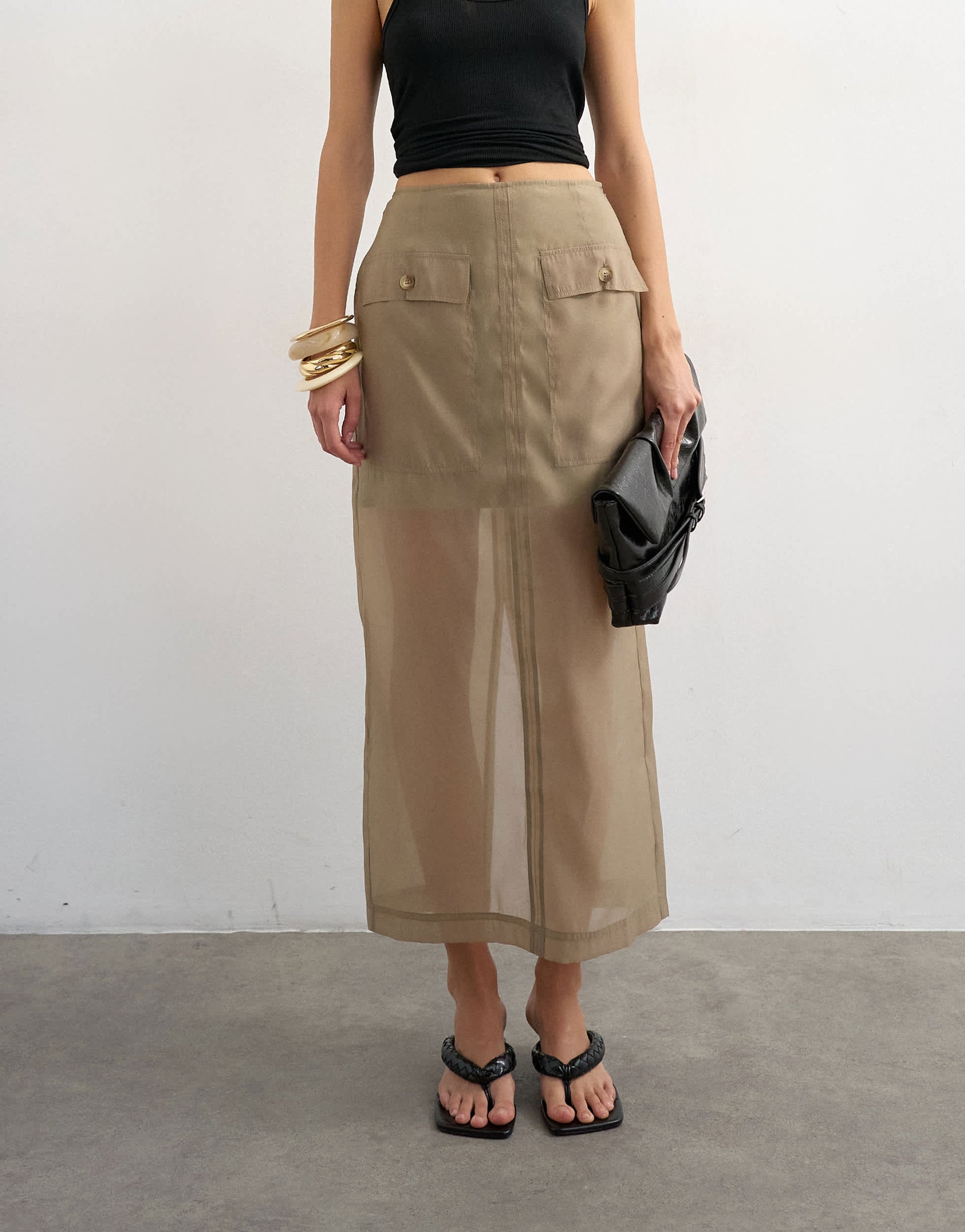 Topshop organza column maxi skirt with pockets in brown mink
