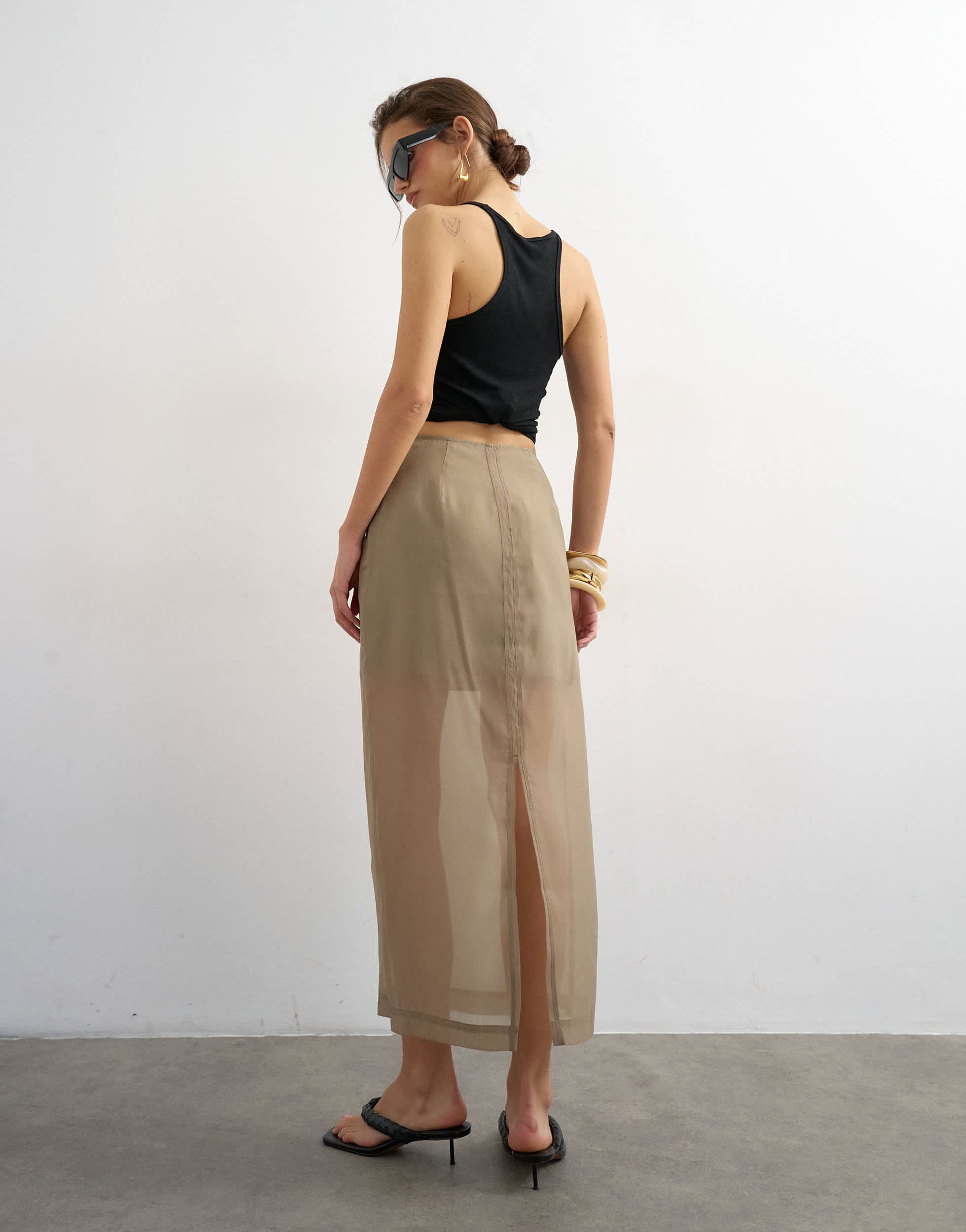 Topshop organza column maxi skirt with pockets in brown mink